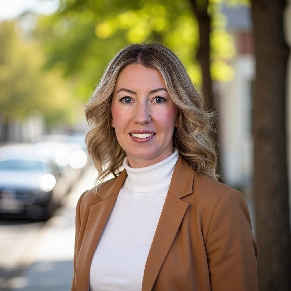 A woman with blonde wavy hair, wearing a white turtleneck and a brown blazer, standing outdoors on a tree-lined street with blurred cars and greenery in the background.