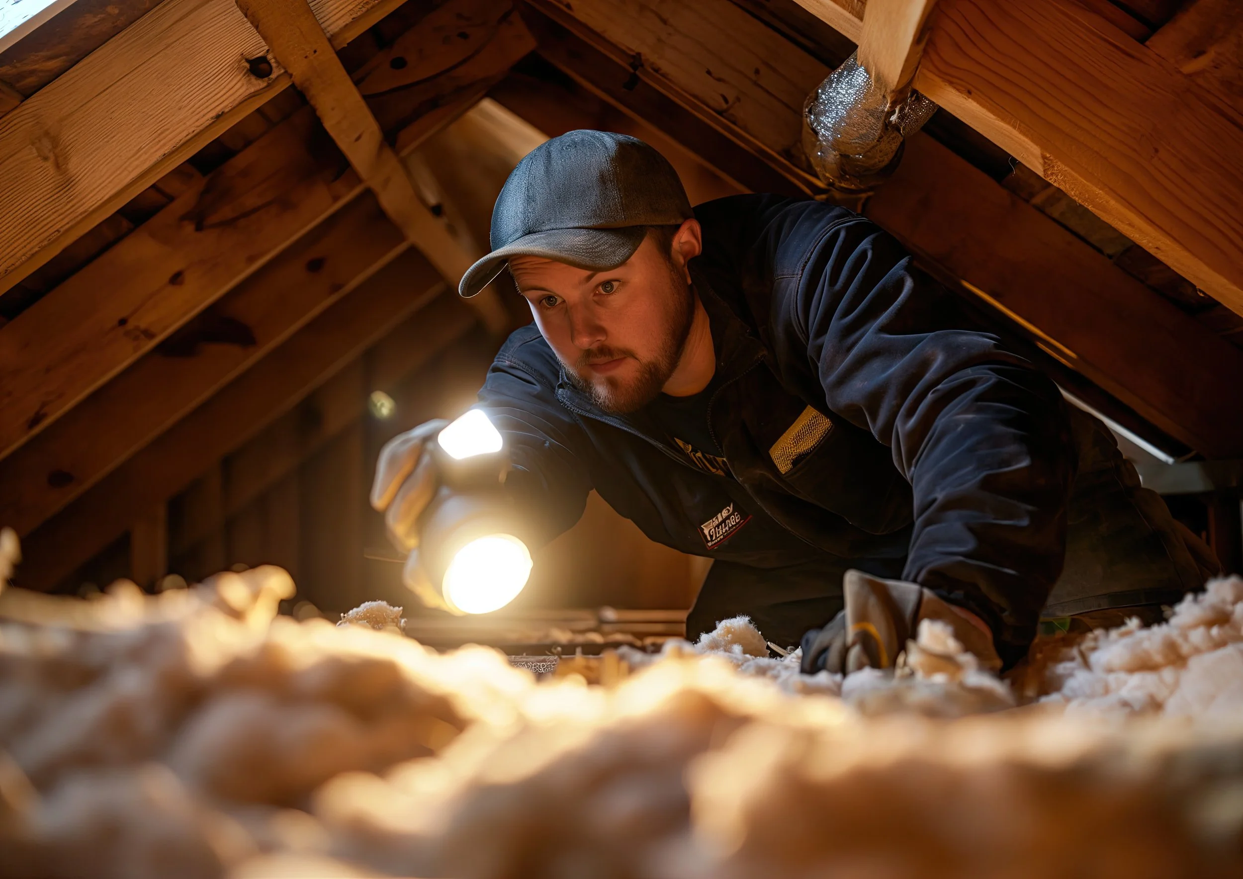 Man looking with a flashlight in an attic