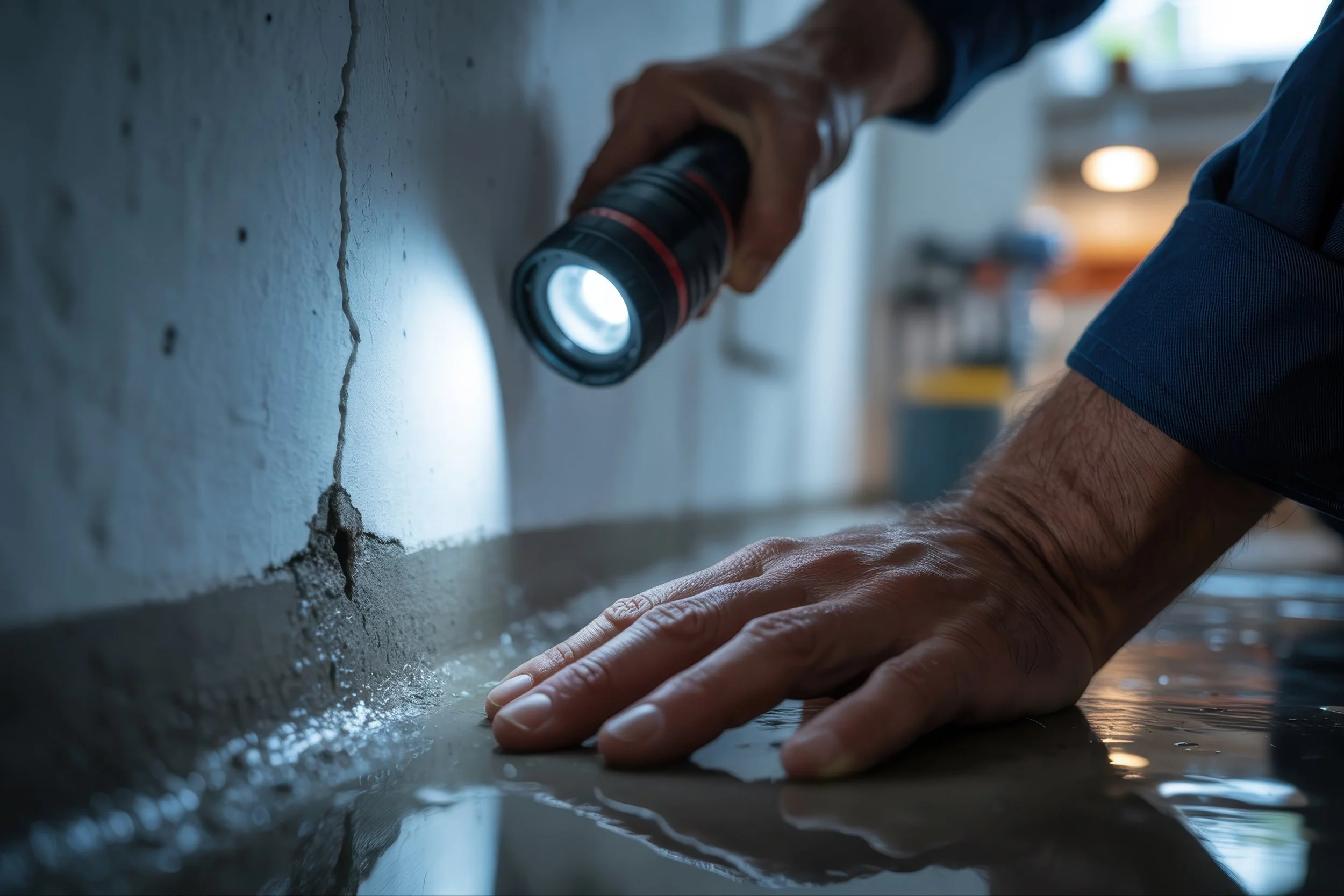 Man inspecting a crack in foundation of a home