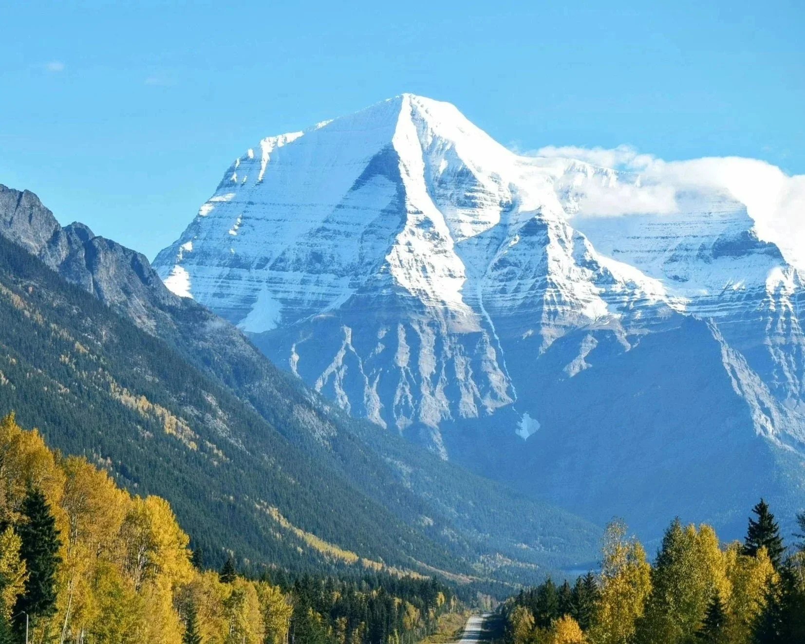 Mount Robson rises above a forest with colorful autumn trees, under a clear blue sky.