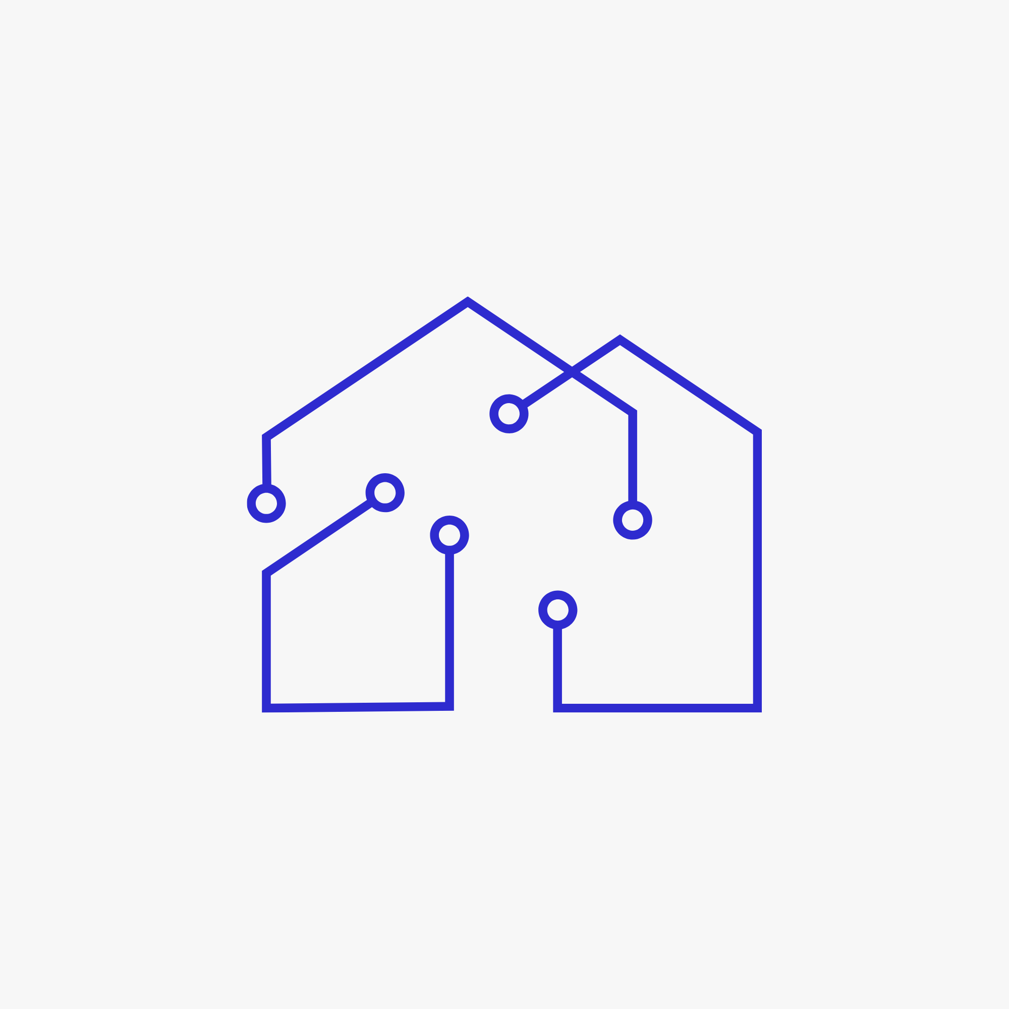 Line drawing of two houses interconnected with lines and circles, resembling a circuit or network diagram.