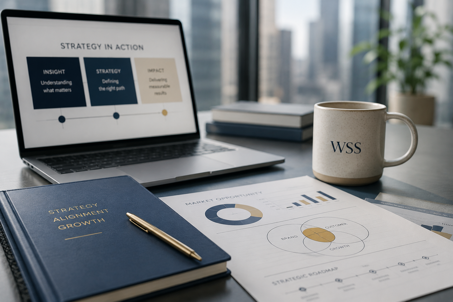 Marketing strategy planning workspace featuring campaign dashboards, business insights, and strategic planning materials.