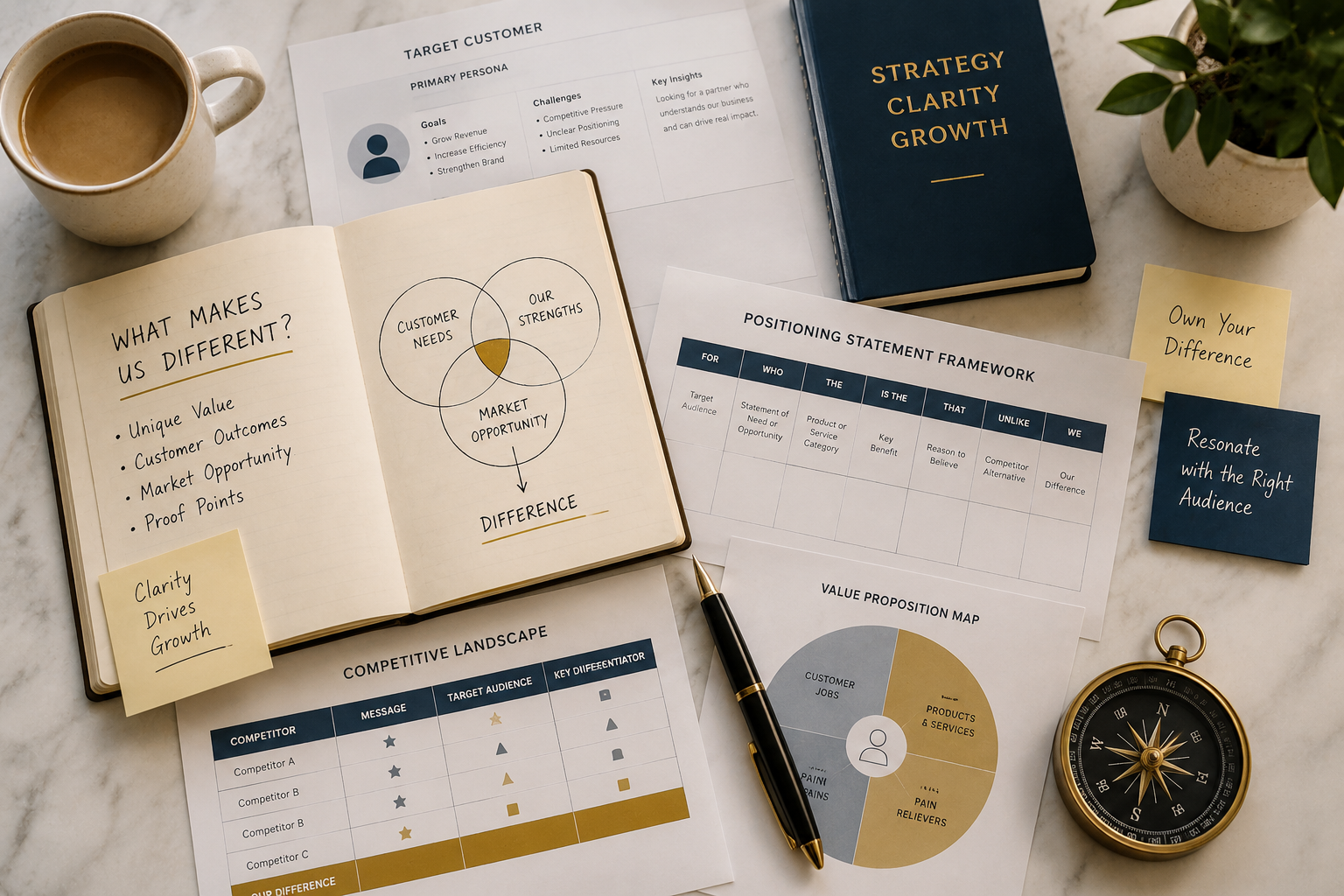 Strategic positioning workshop materials, customer research, and go-to-market planning tools arranged on a workspace.