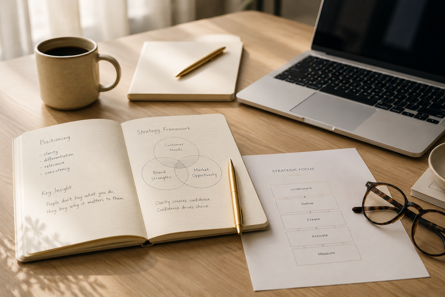 Strategy notebook, laptop, planning documents, and coffee prepared for a marketing strategy discovery call.