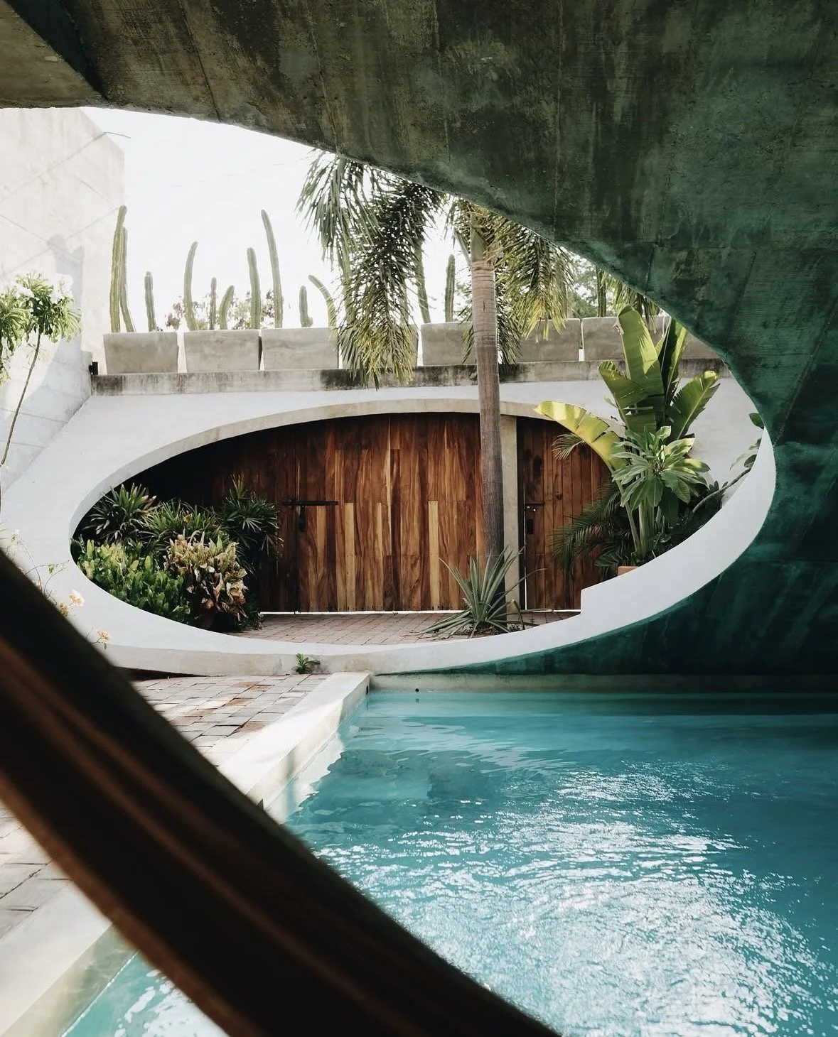 View of a swimming pool with a circular slide, surrounded by tropical plants, trees, and a wooden door in a modern outdoor space.