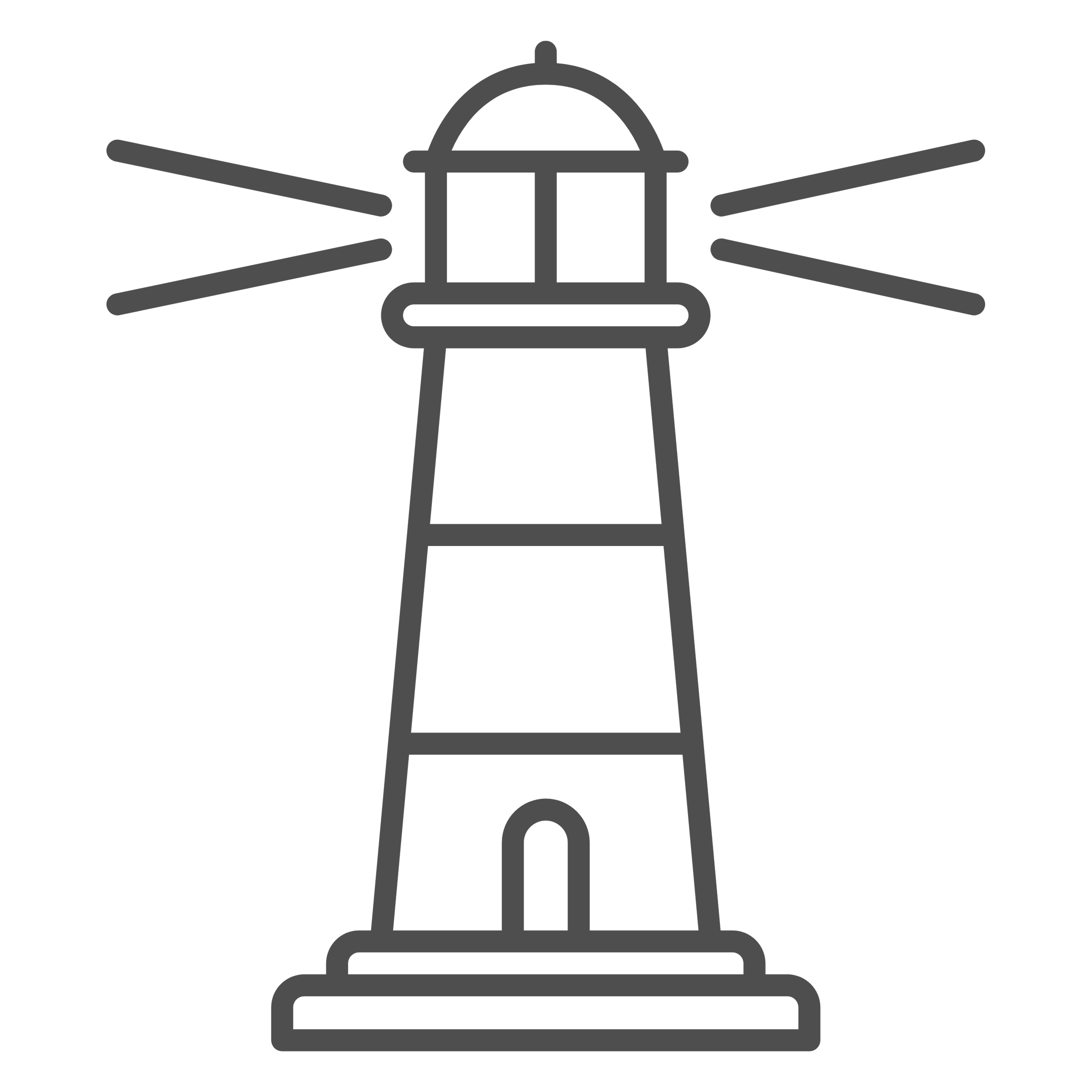 Line drawing of a lighthouse with light beams extending outward.