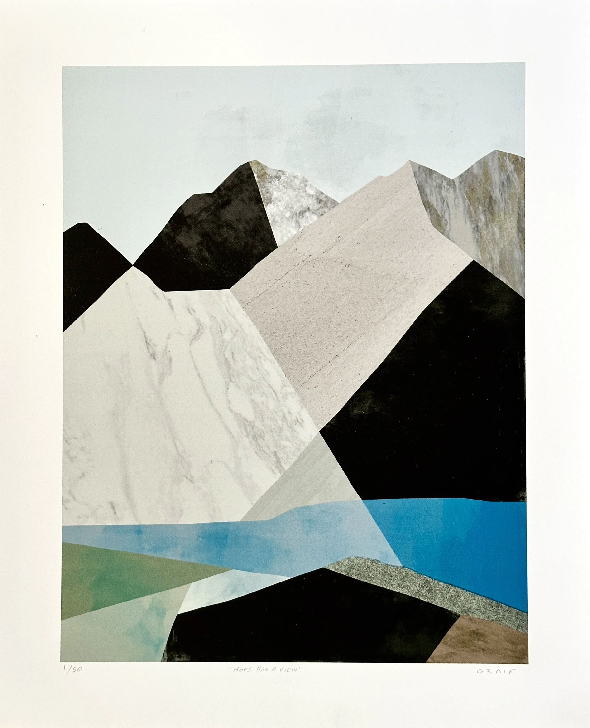 Matt Graif — "Hope Has a View"
Limited-edition lithograph print, signed and numbered, mixed media, 18"x22" ($150 each, 7 available).
Matt Graif has spent over thirty years distilling complex stories into identities that resonate. For Currents of Cour