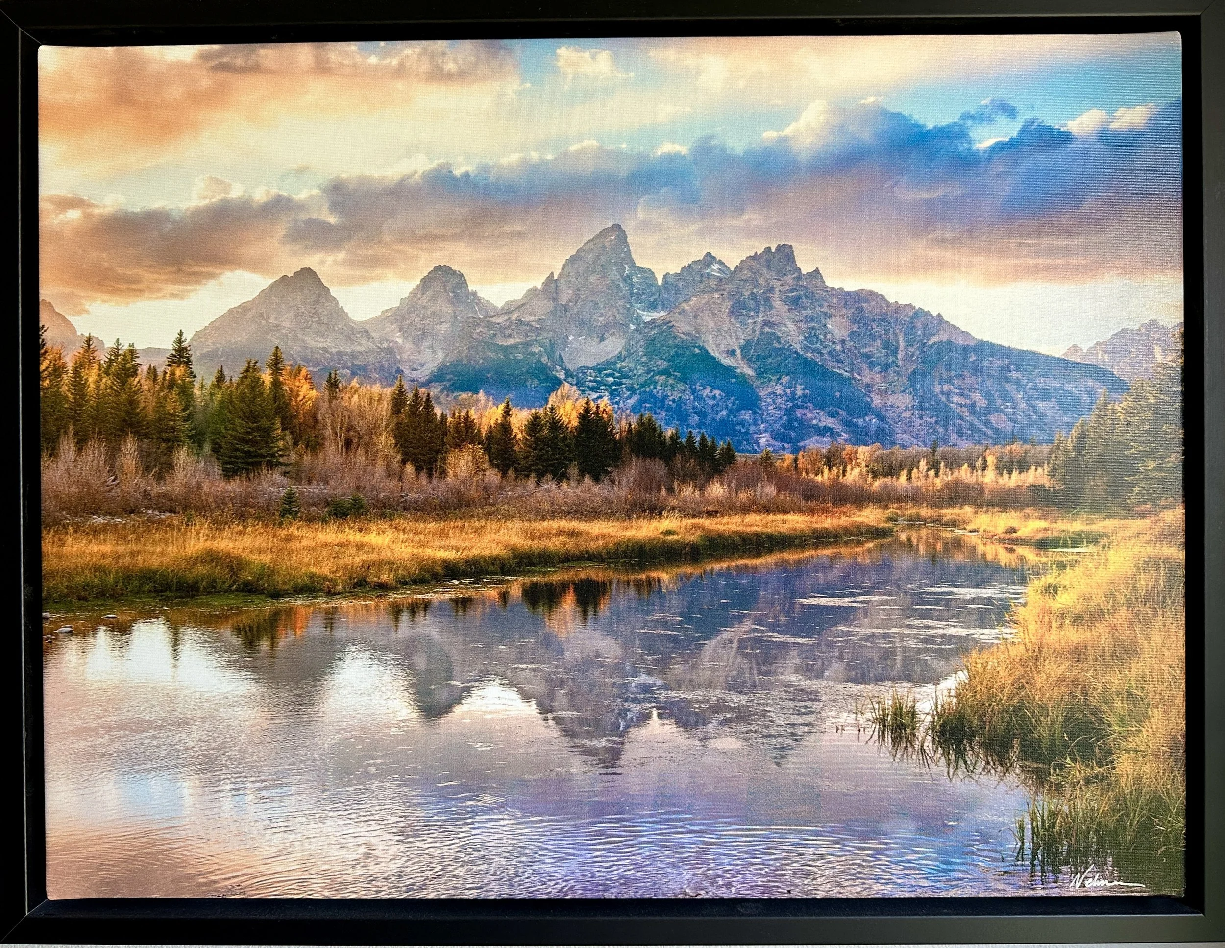 David Nehmer — "Last Light, Grand Tetons," 18"x24" ($400 value)
An October evening on the Snake, the Tetons catching the day's last color while the water below holds every bit of it, gold grass, blue peaks, a sky doing three things at once. The kind 
