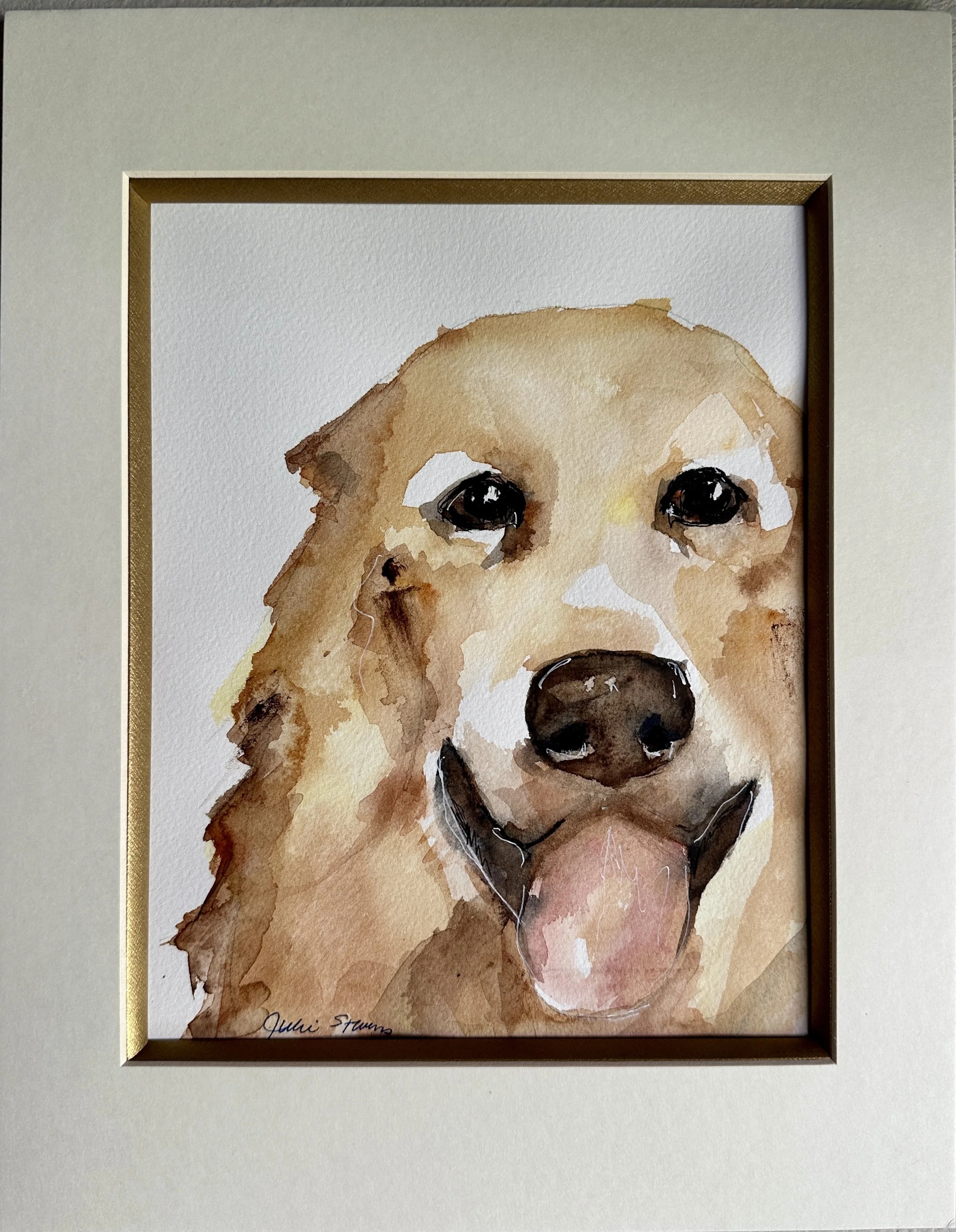 Julie Stevens Watercolor
Personalized Pet Portrait ($100 each, 5 available).

Alongside "Two Lines, One Story," Julie is also offering a personalized watercolor pet portrait, painted from a photo of the winning bidder's own animal. There's something 