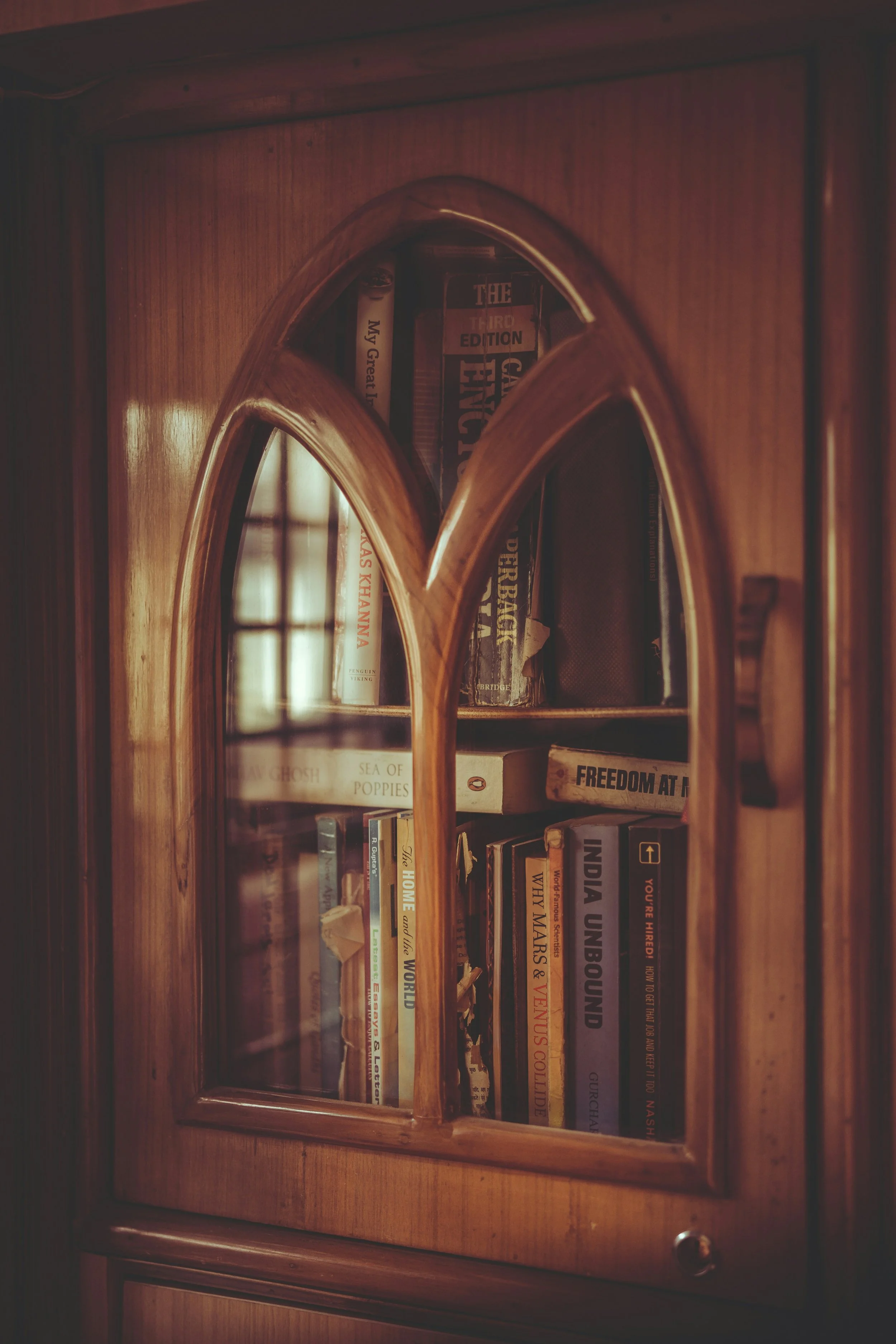 A wooden bookshelf with arched glass doors filled with various books.