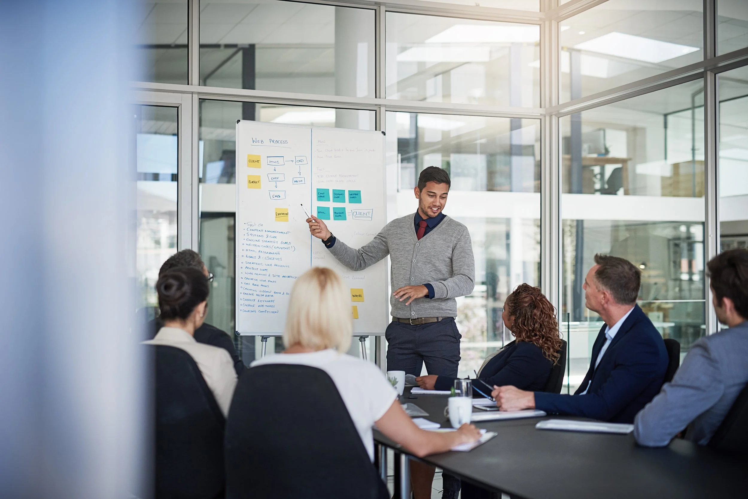 A businessman giving a presentation to a group of professionals in a modern conference room with glass walls, a whiteboard with diagrams and notes, and large windows letting in natural light.