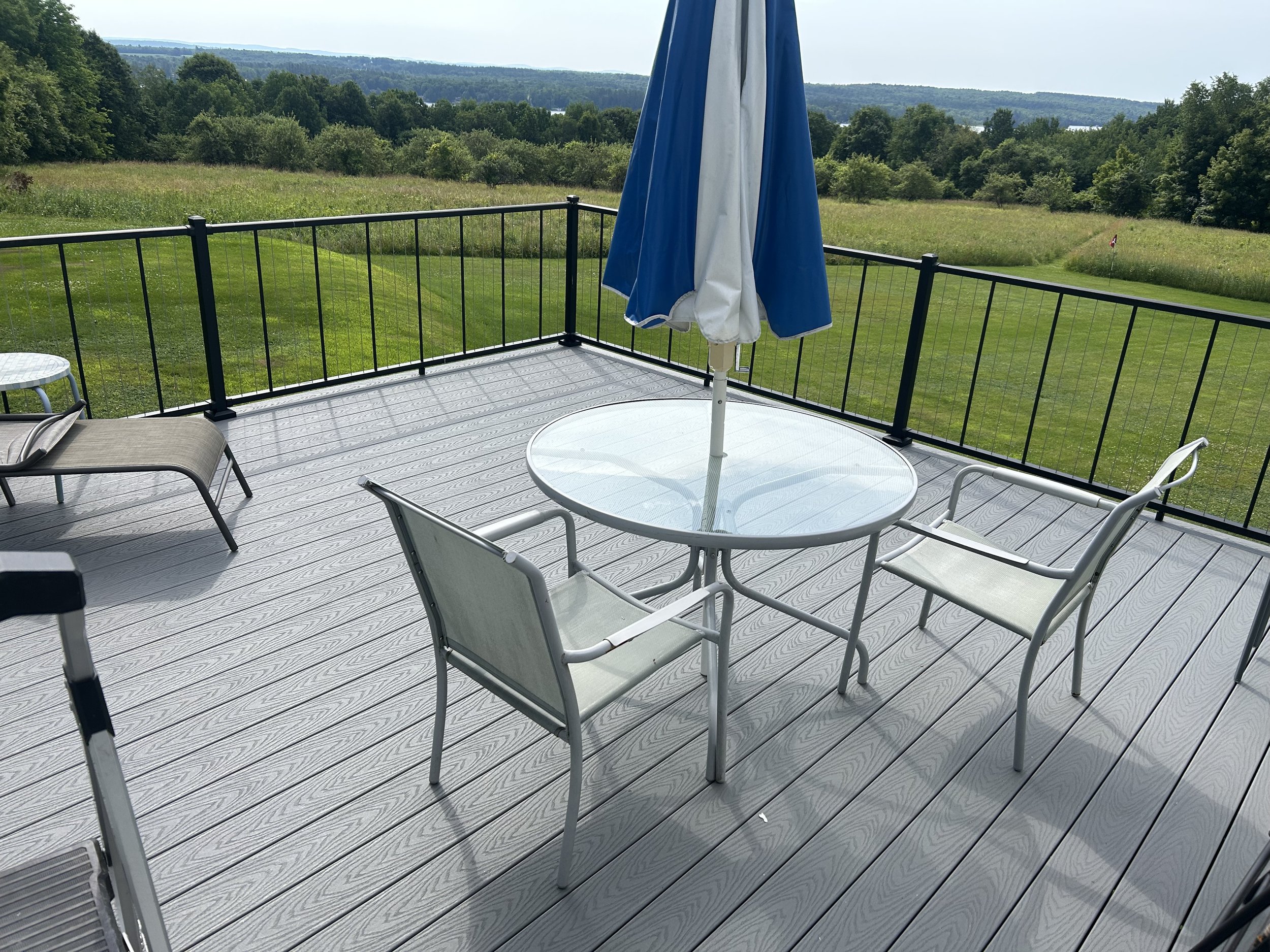 Outdoor patio with glass-top table, four chairs, an umbrella, a lounge chair, and a small side table, overlooking a grassy field and trees in the distance.