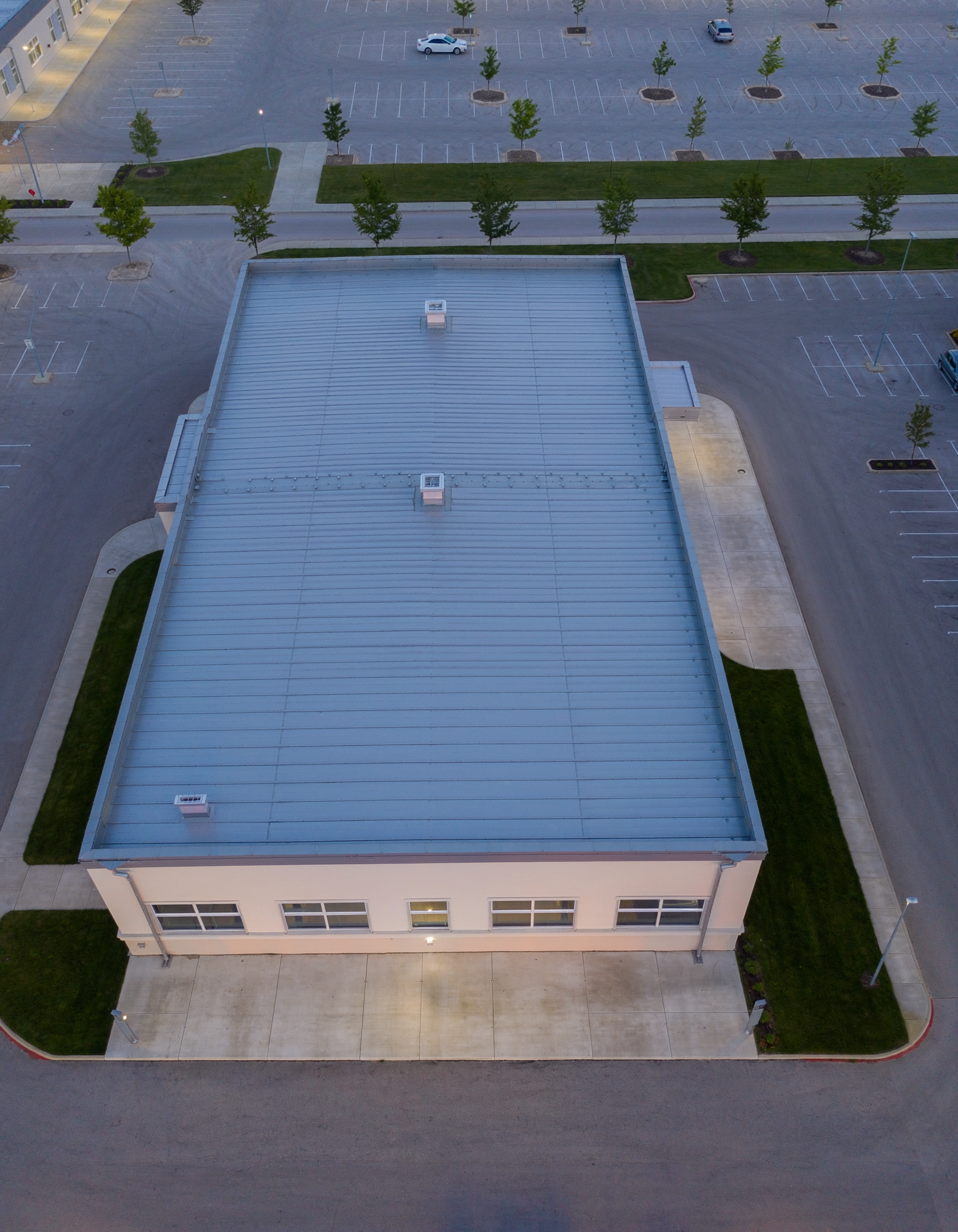 Commercial drone roof inspection of a metal roofing system for damage detection and maintenance planning in Barrie, Ontario