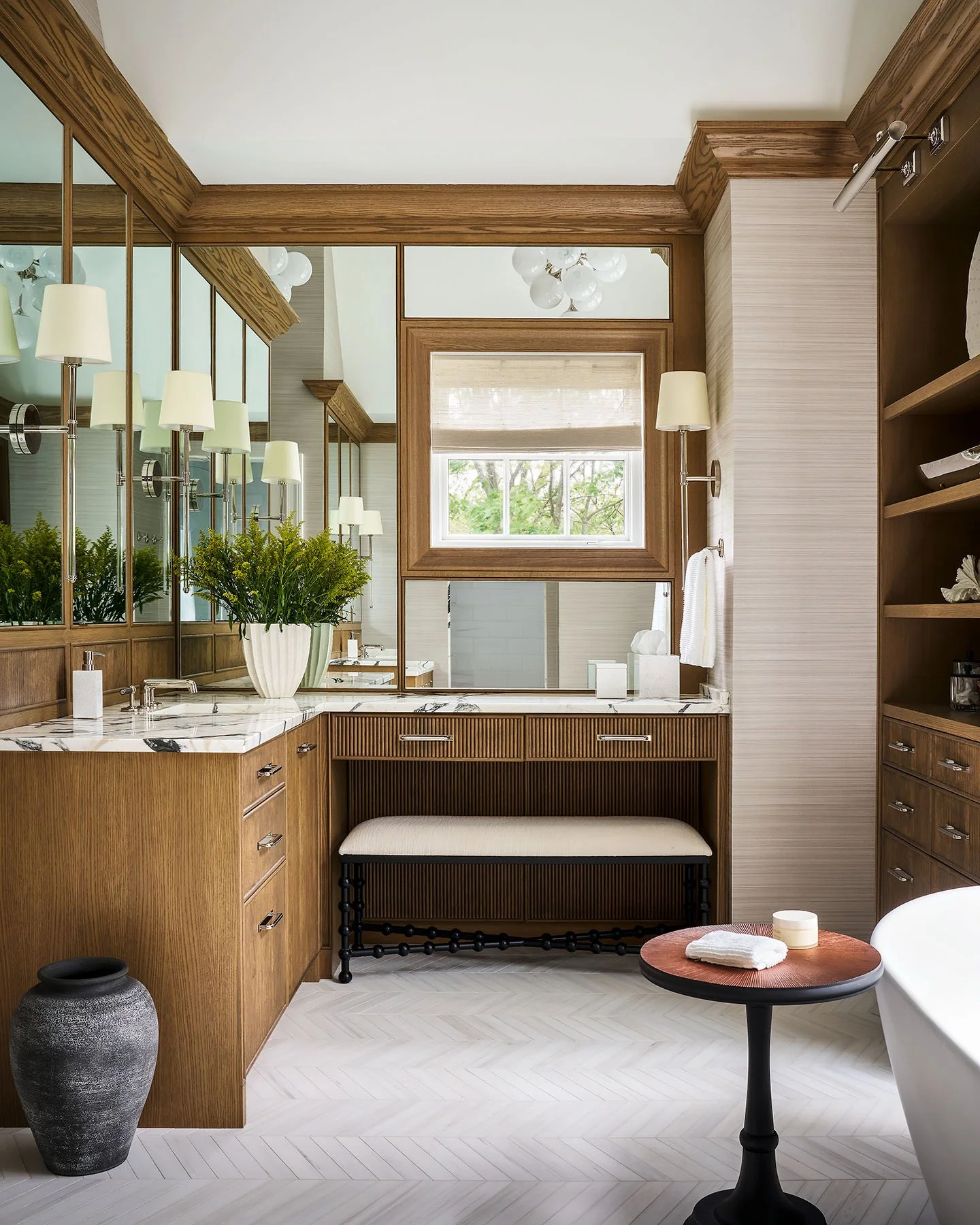 Custom wood vanity with marble countertop and integrated mirror in Kenilworth master bathroom.