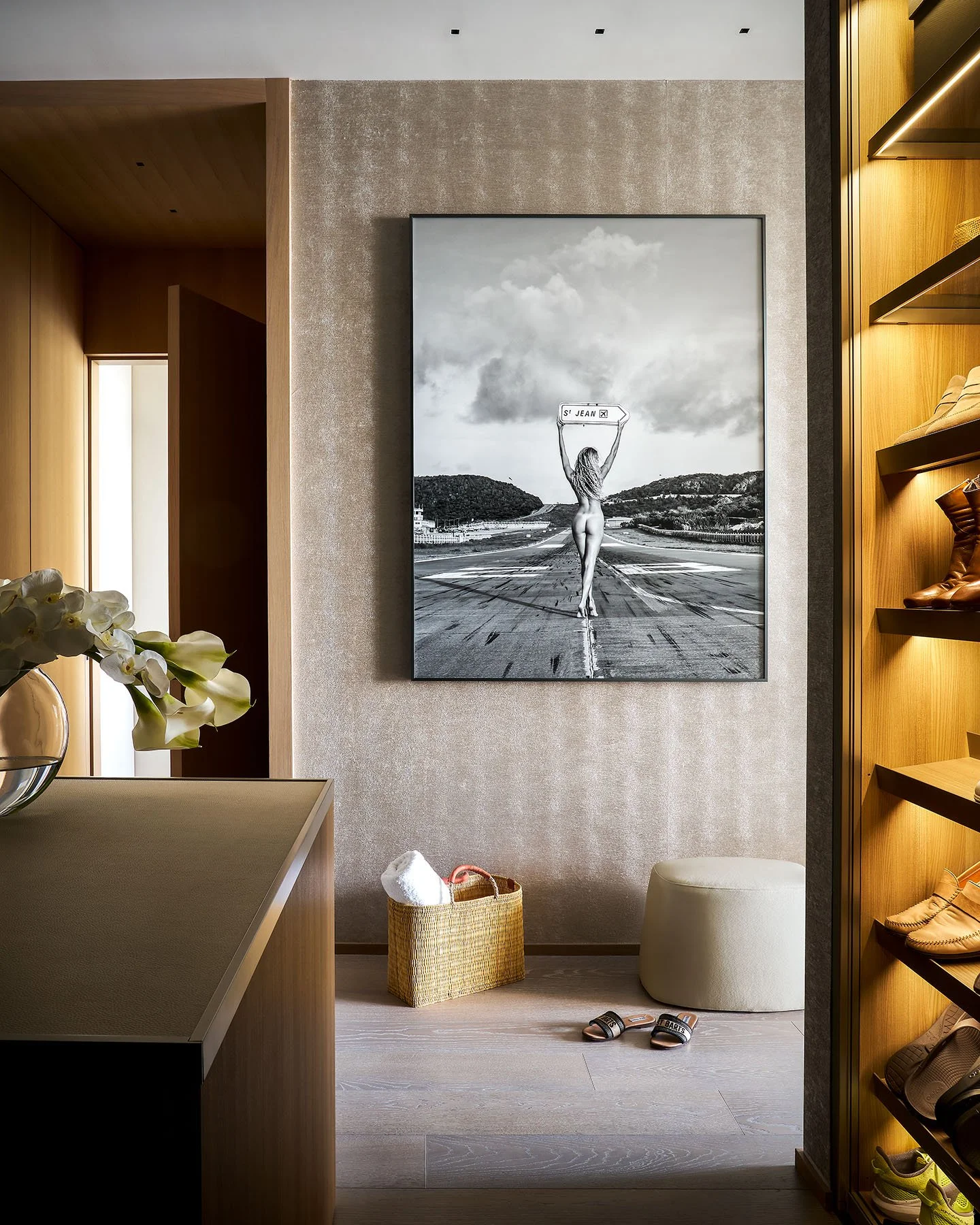 Luxury closet detail featuring framed artwork, built-in shelving with accent lighting, and custom storage cabinetry.
