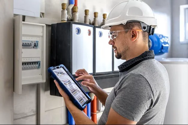 A man in safety gear, including a white helmet and safety glasses, inspecting an electrical panel with a tablet in his hand in an industrial or utility setting.
