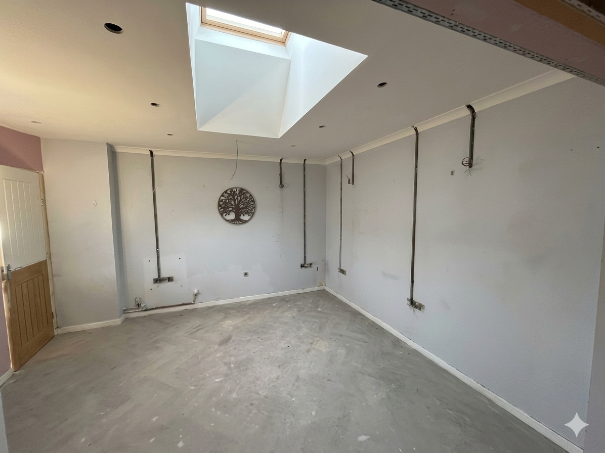 Wall chasing during a rewire — clean, straight channels with dust extraction