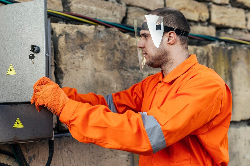 A man wearing safety goggles, orange protective jumpsuit with gray reflective stripes, and orange gloves is working on an electrical panel outdoors against a stone wall.