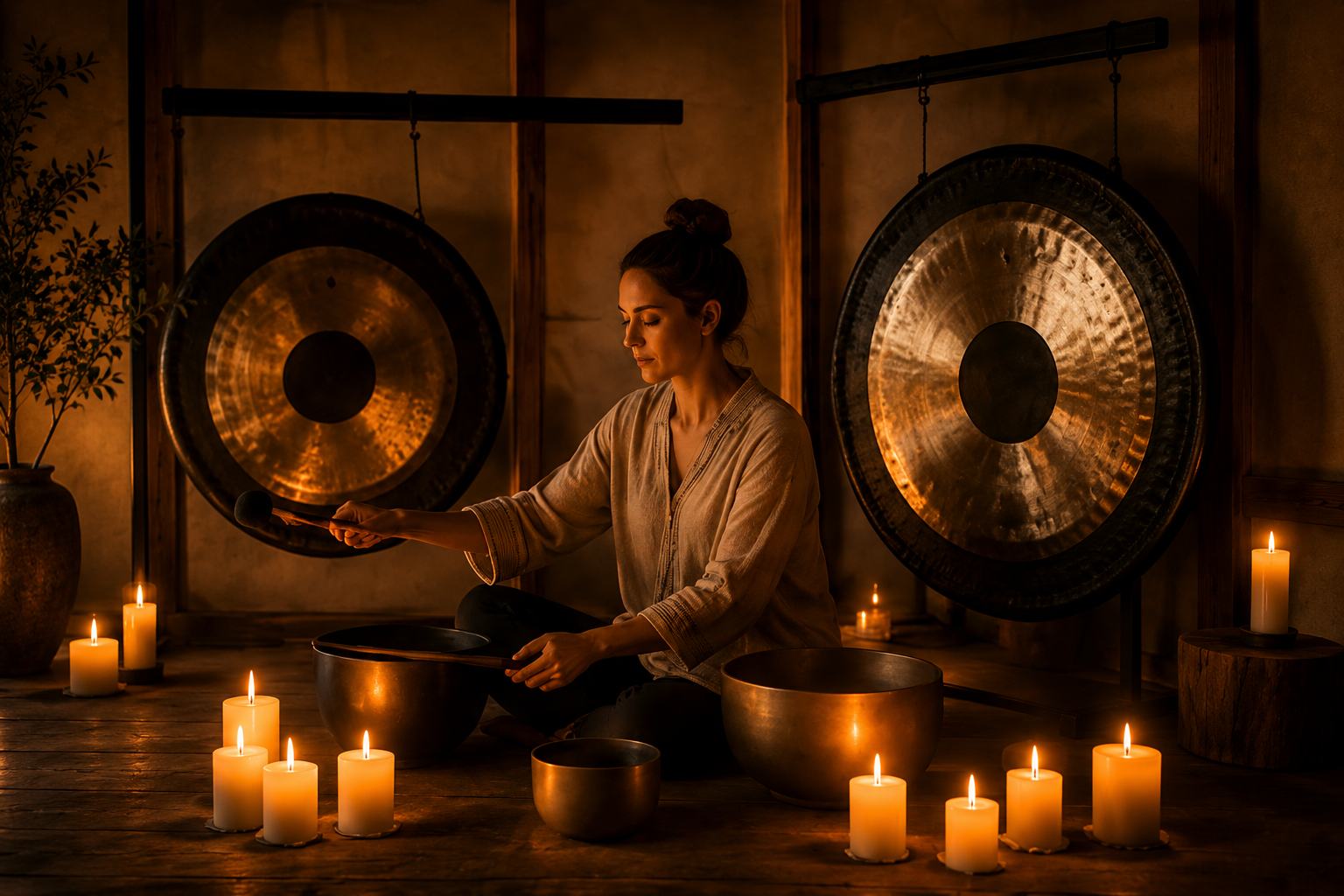 Deep relaxation with  Tibetan singing bowls with gongs in the background.