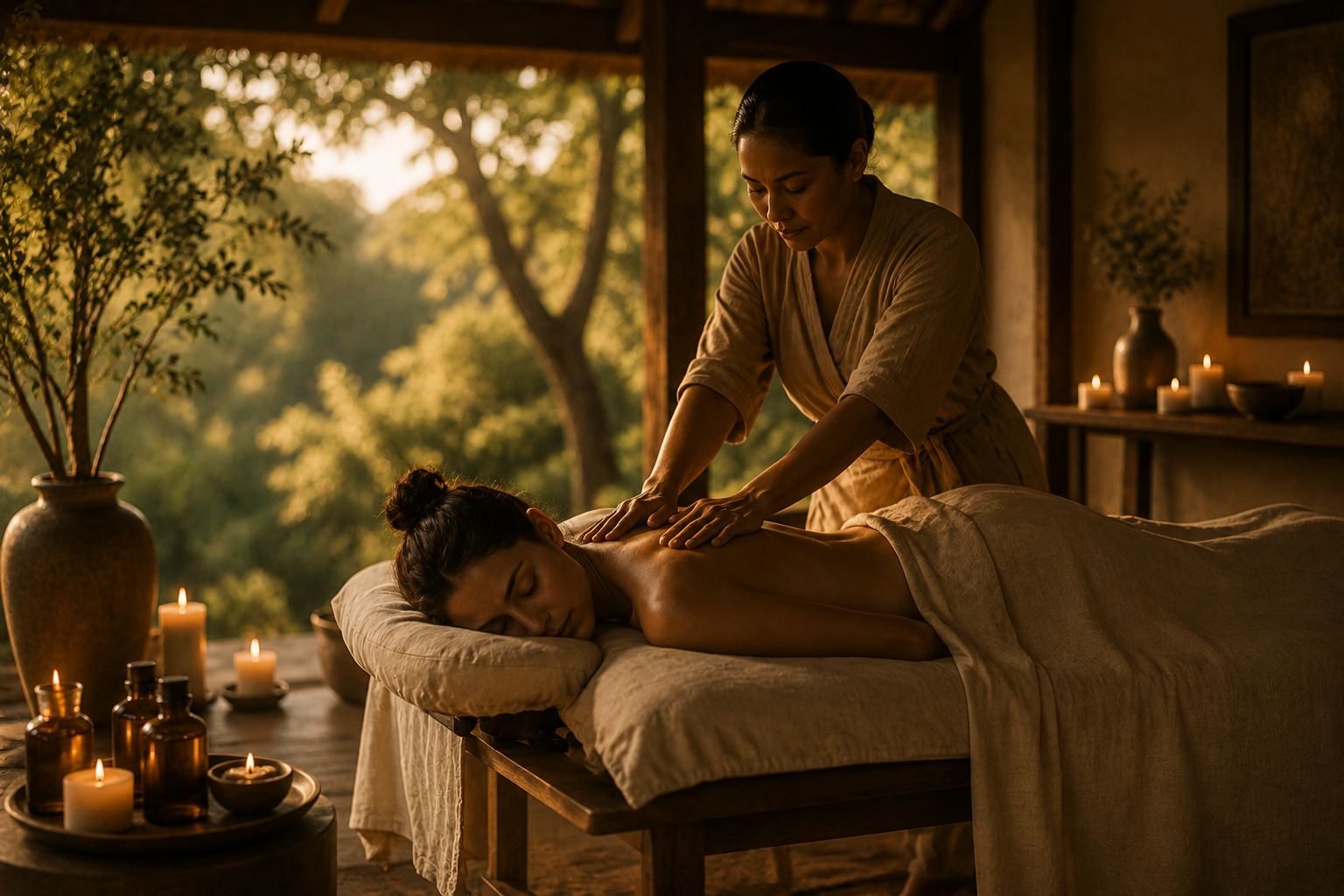 A woman receiving a massage in a tranquil, candle-lit room with outdoor scenery visible.