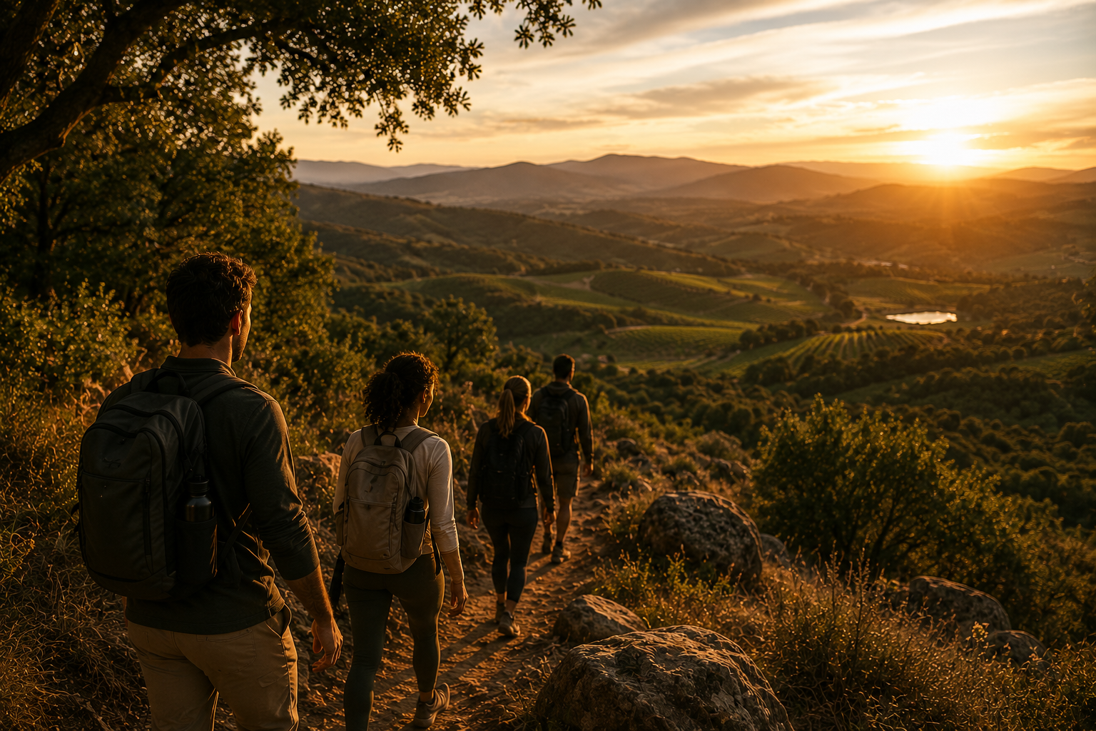 Four hikers walking along a trail during sunset in a hilly, green landscape with trees and a small lake.