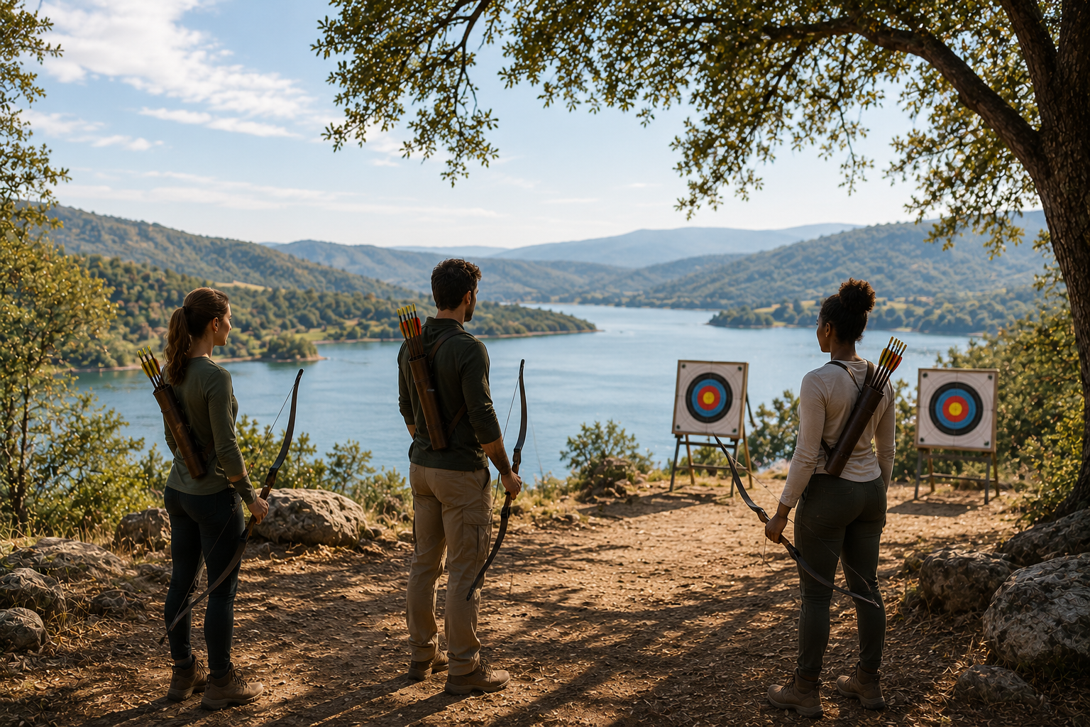 Three people stand on a dirt path near a lake, aiming bows at targets, with trees and mountains in the background on a sunny day.