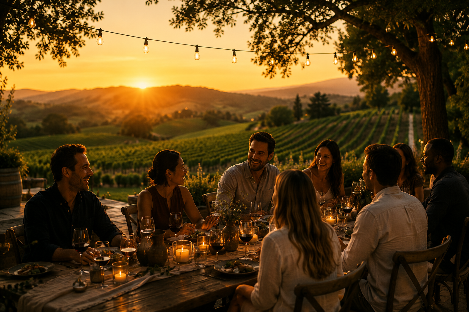 Group of people enjoying dinner outdoors at sunset, with vineyards and rolling hills in the background, string lights overhead, and candles on the table.
