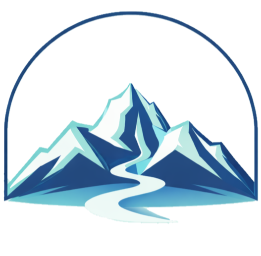 Stylized mountain range with a river flowing through it and a semi-circular arc above.