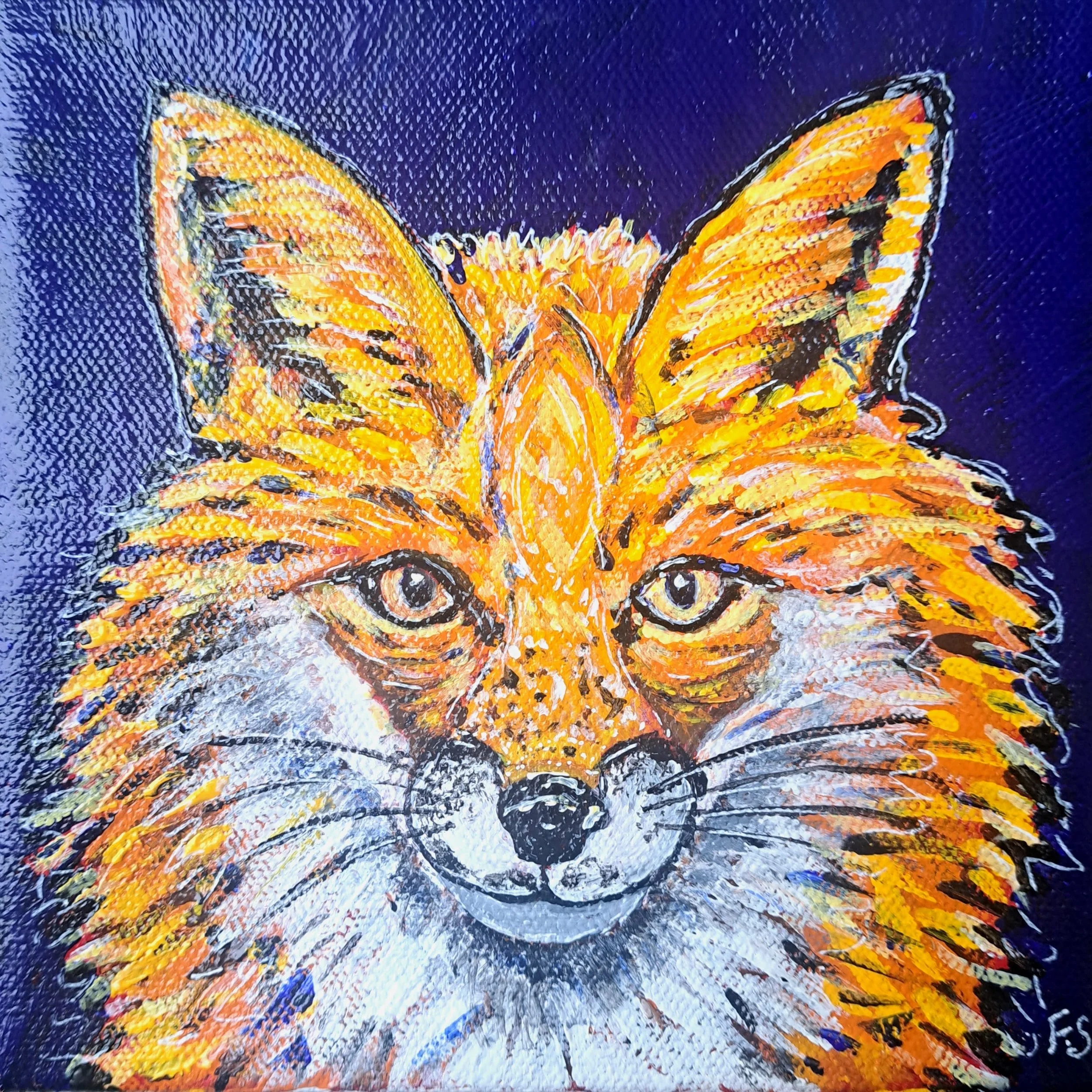 A colorful, detailed painting of a fox's face on a dark background.