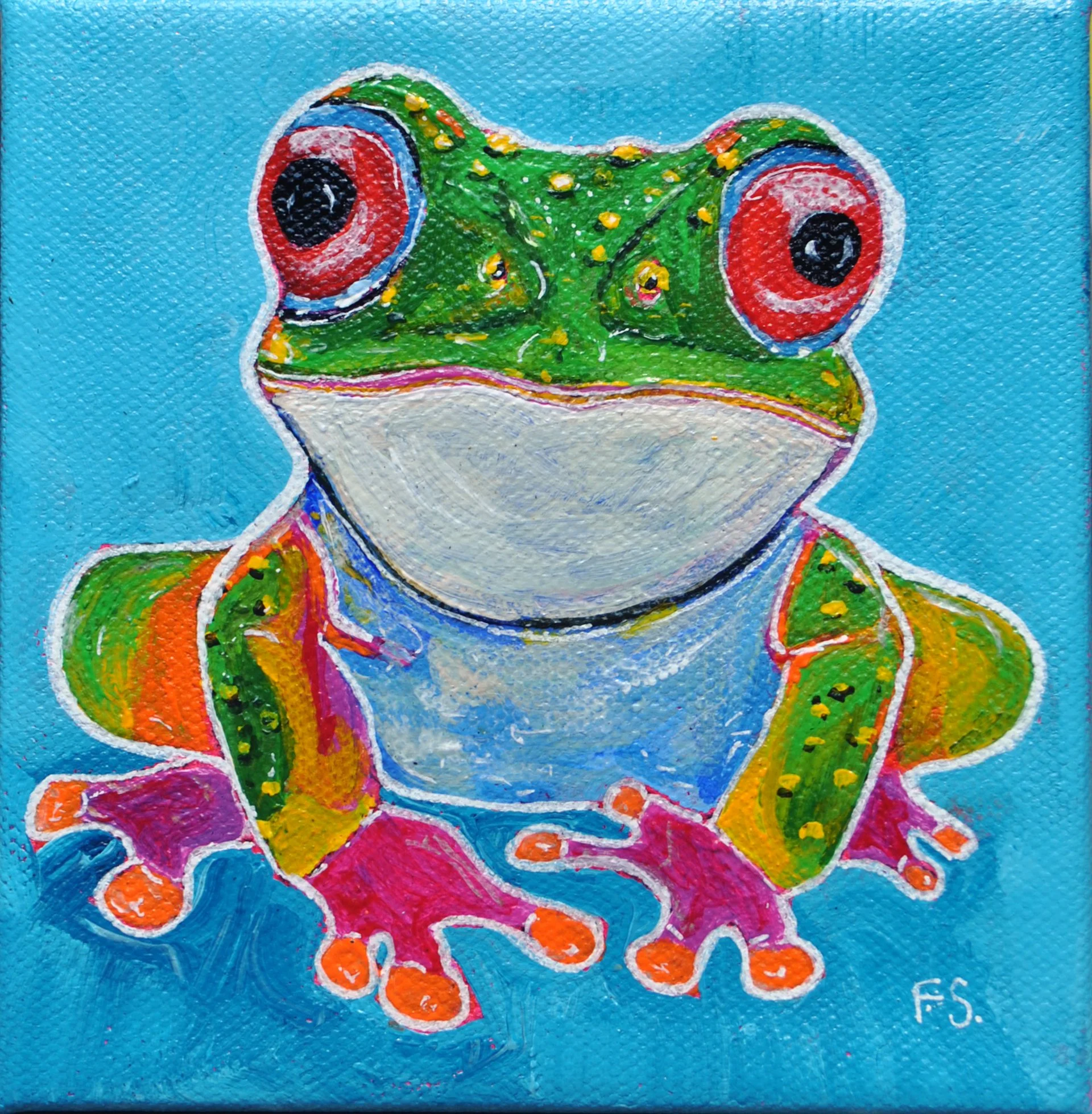 Colorful painting of a frog with bright red eyes, green and yellow spotted skin, sitting on a blue background.