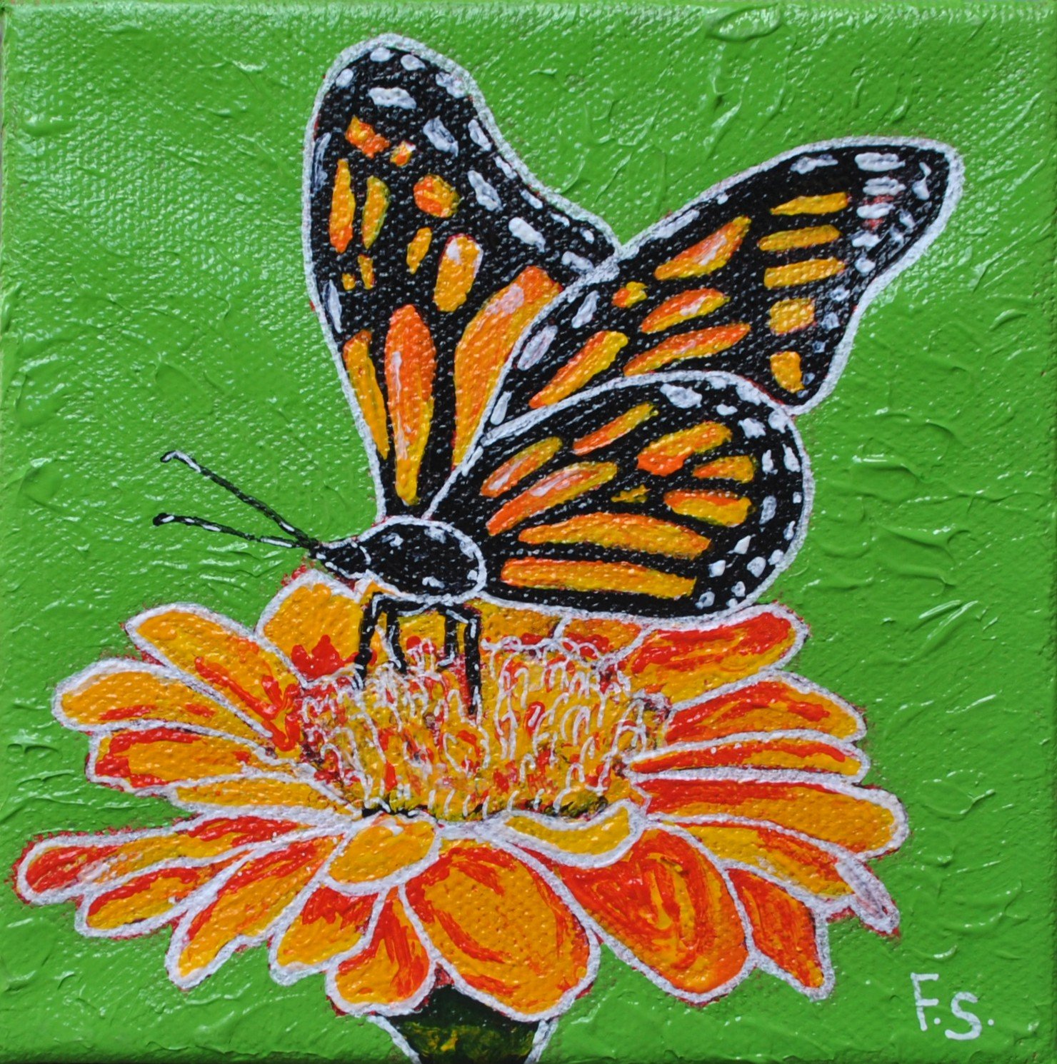 A colorful painting of a monarch butterfly perched on a bright orange flower with green background.