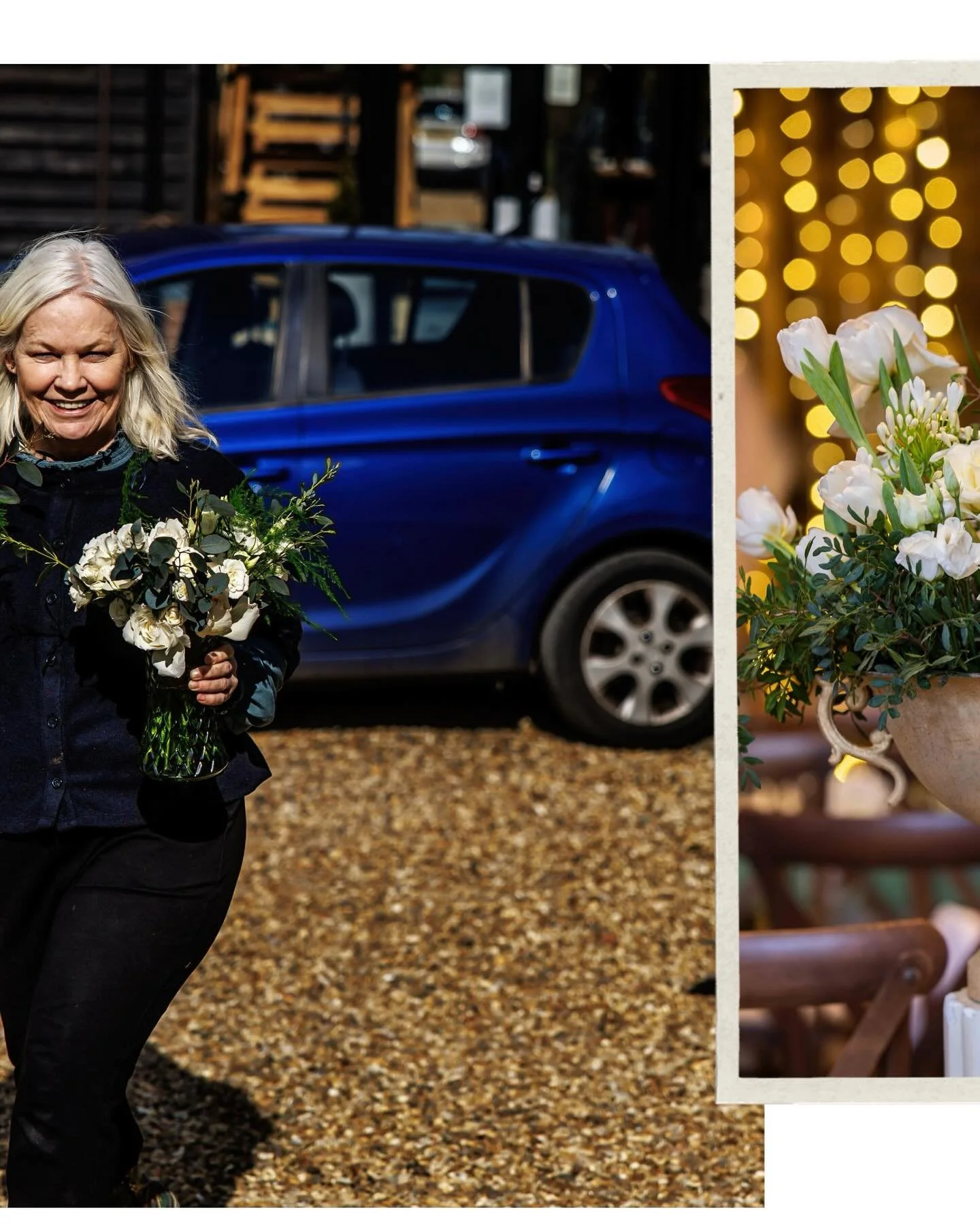 A smiling woman with gray hair holding a bouquet of white flowers, standing outdoors with a blue car in the background and fallen leaves on the ground.