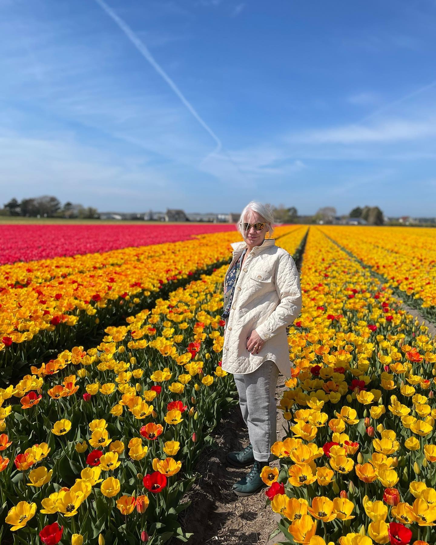 A woman in sunglasses and a light-colored jacket standing amidst colorful tulips in a field of yellow, orange, and red flowers under a blue sky with wispy clouds.