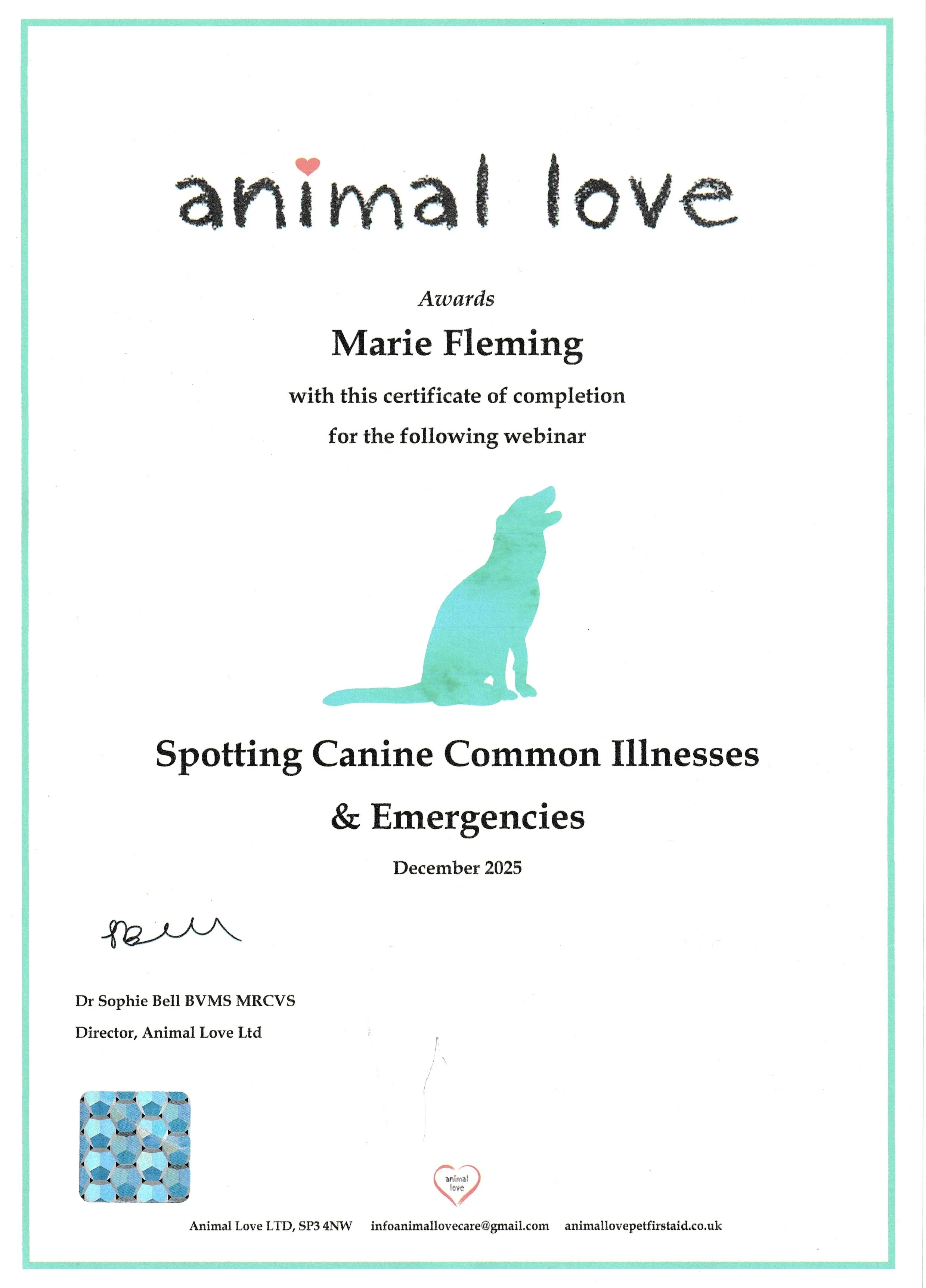 Certificate titled 'Animal Love' awarded to Marie Fleming for a webinar on spotting canine common illnesses and emergencies, featuring a blue silhouette of a sitting dog, a hexagonal pattern, and a small heart with 'animal love' inside.