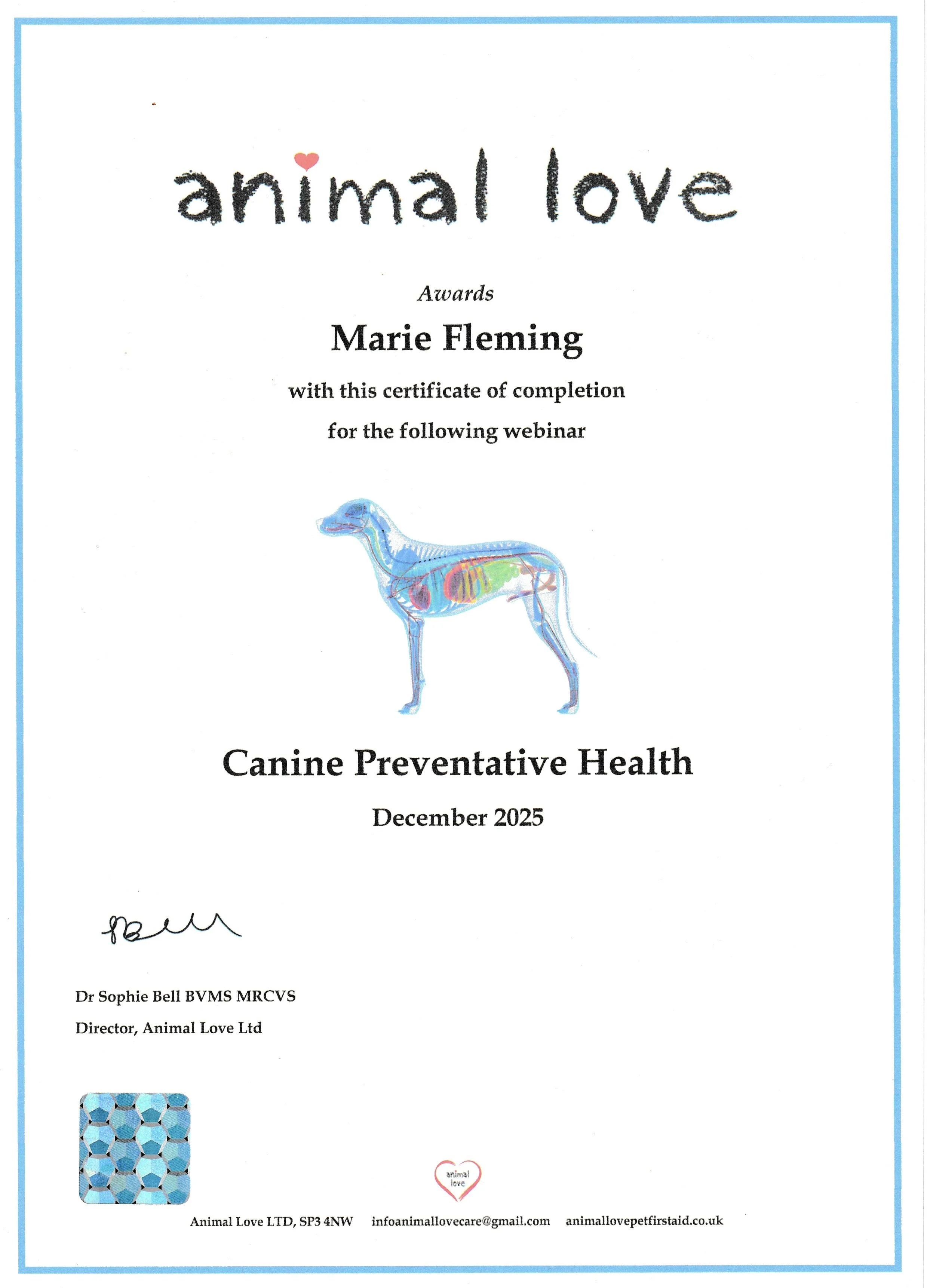 Certificate titled 'animal love' awarded to Marie Fleming for a canine preventative health webinar in December 2025, featuring a stylized illustration of a dog with internal organs and a honeycomb pattern at the bottom left, with contact information 