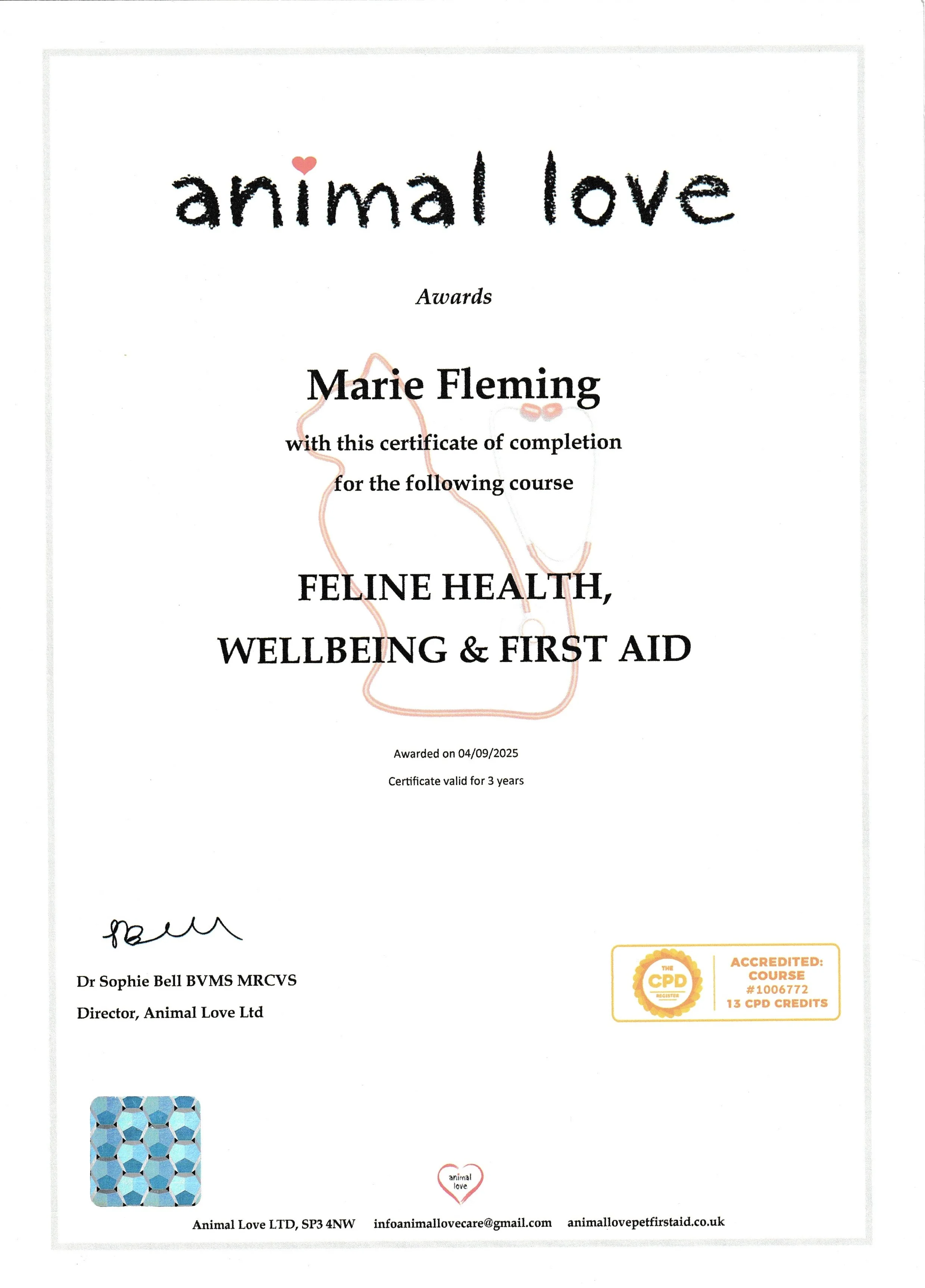 Certificate of completion awarded to Marie Fleming from Animal Love Ltd for a course in feline health, wellbeing, and first aid, with the date 04/09/2025, featuring a background outline of a cat and a CPD accreditation badge.