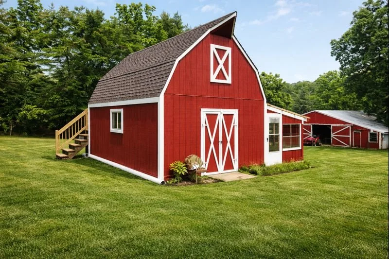 Red barn with white trim, small windows, and a side staircase, surrounded by green grass and trees.