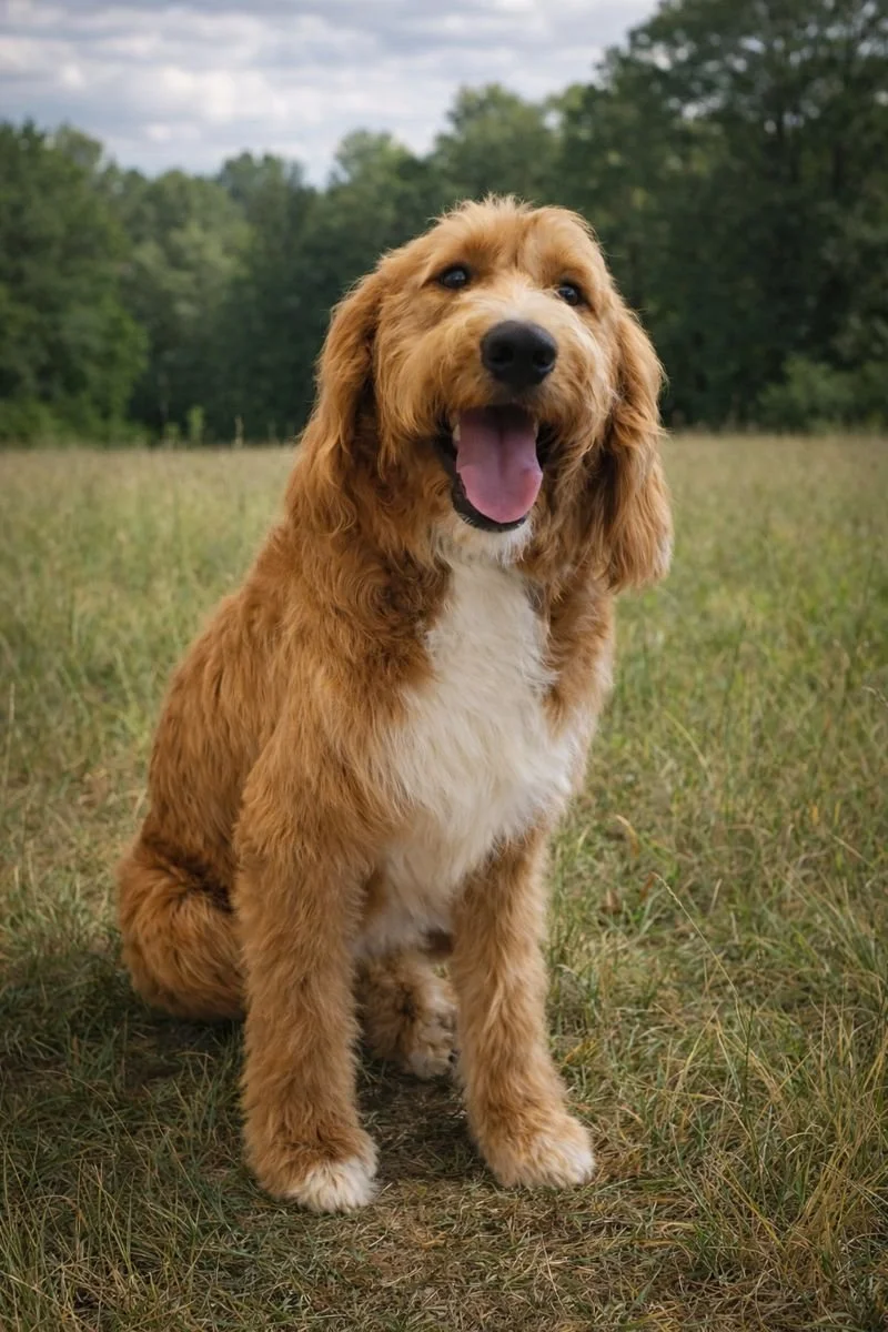 A happy, golden-brown dog with a white chest and paws sitting on grass in a field with trees in the background.