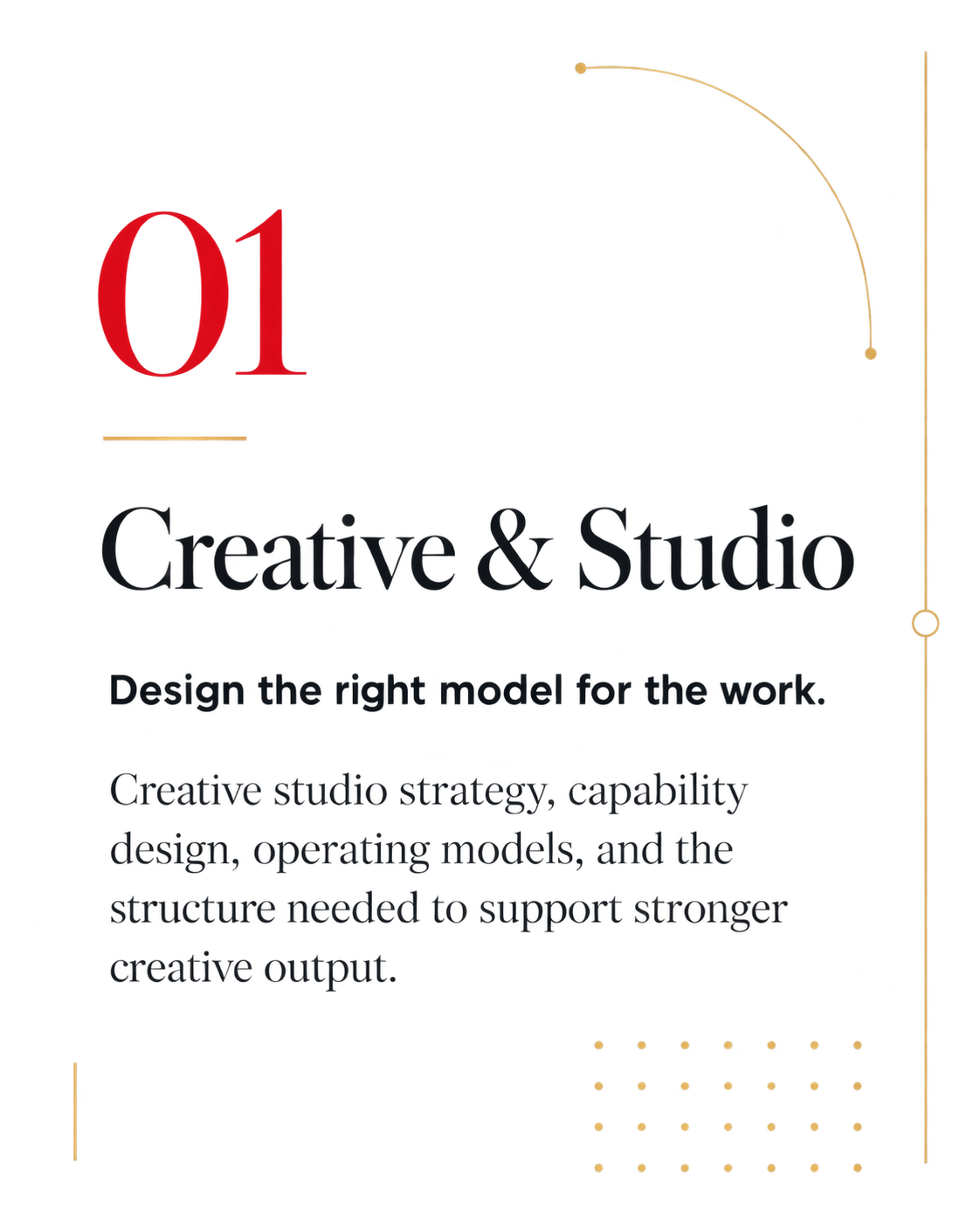 Graphic of a red circuit board with the words 'Creative & Studio' overlaid, along with text about designing the right model for creative studio strategy, capability design, operating models, and supporting structure.