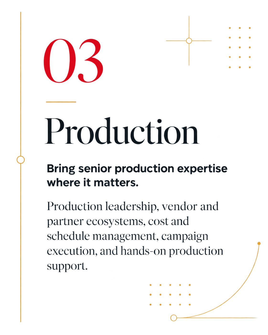 Promotional flyer for a senior production team, featuring a large red "03" and the word "Production" in black. It includes a tagline, "Bring senior production expertise where it matters," and details about production leadership, vendor and partner ecosystems, cost, schedule management, campaign execution, and hands-on support, with decorative circuit-like graphic elements.