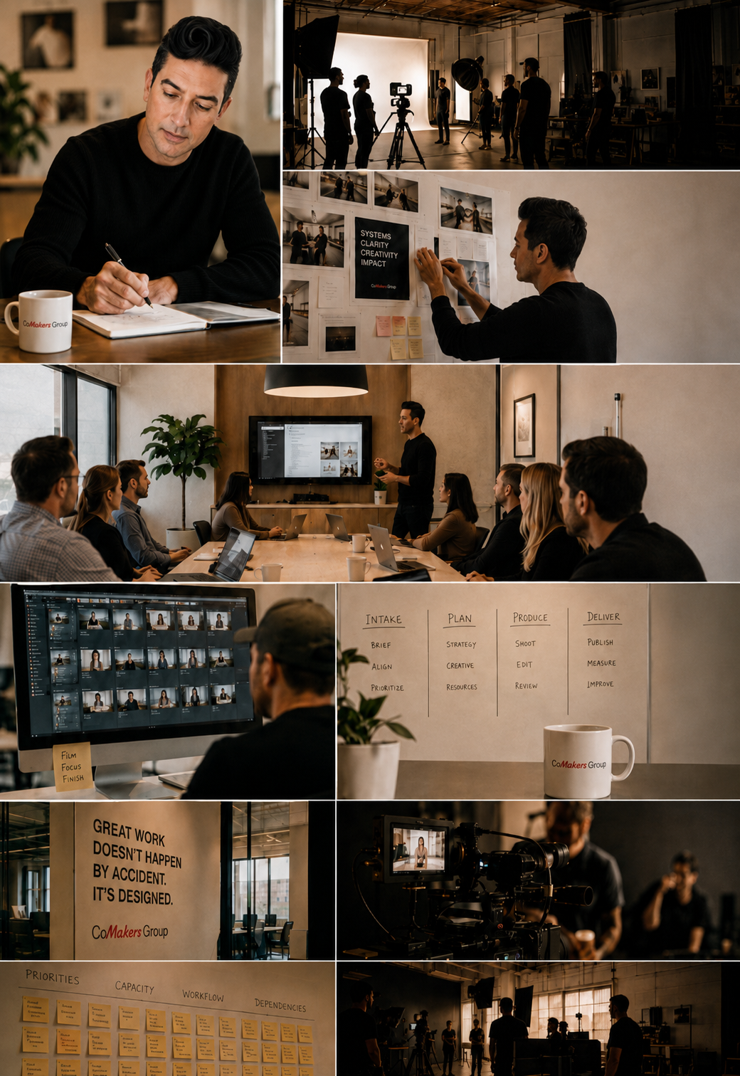 Collage of scenes from a film or video production, showing a director and crew in a studio, people in a meeting room with laptops, a person preparing a presentation, a video team filming with professional equipment, a whiteboard with project planning notes, and a wall with motivational quote and sticky notes for project tasks.