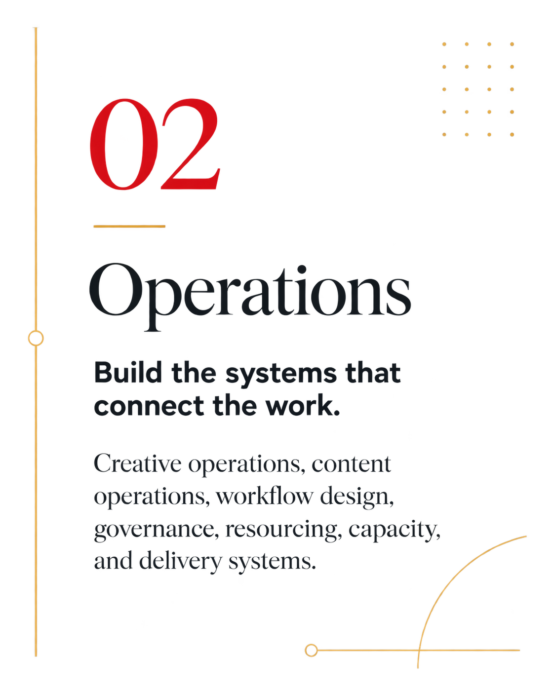 A colorful infographic with the title 'O2 Operations' and the subtitle 'Build the systems that connect the work.' it discusses creative operations, content operations, workflow design, governance, resourcing, capacity, and delivery systems.