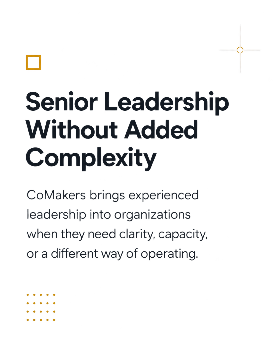 Graphic design with black background featuring abstract decorative elements and bold text that reads 'Senior Leadership Without Added Complexity'. Additional text says 'CoMakers brings experienced leadership into organizations when they need clarity, capacity, or a different way of operating.'