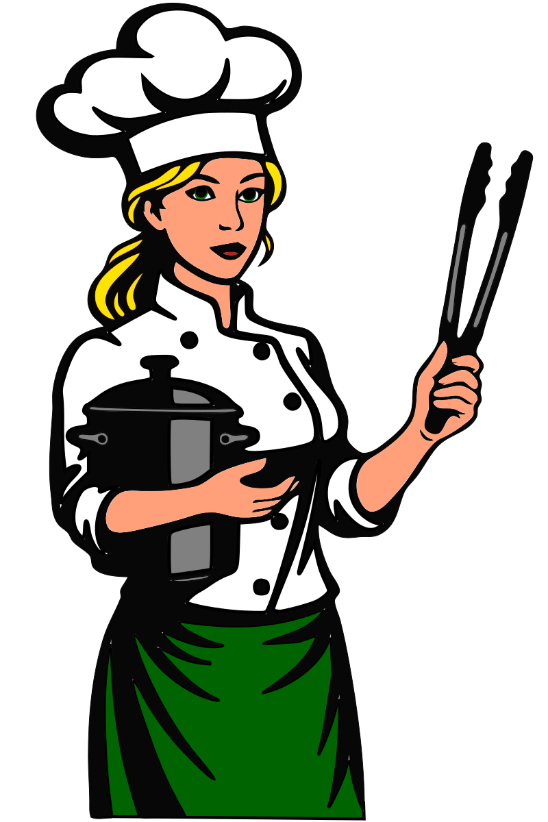 Illustration of a female chef wearing a white chef hat and coat, holding a black cooking pot in one hand and tongs in the other, against a black background.