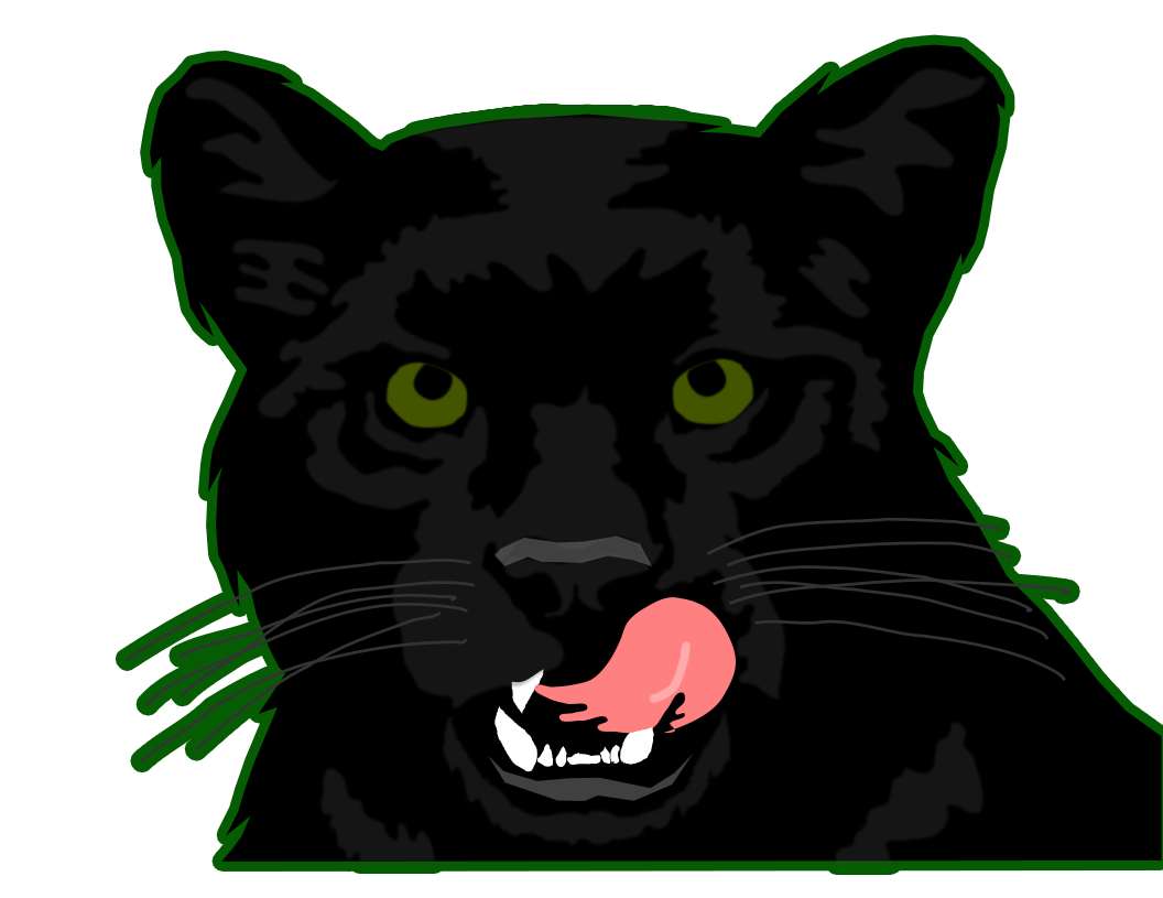 Illustration of a black panther with green eyes, licking its pink tongue, against a green background.