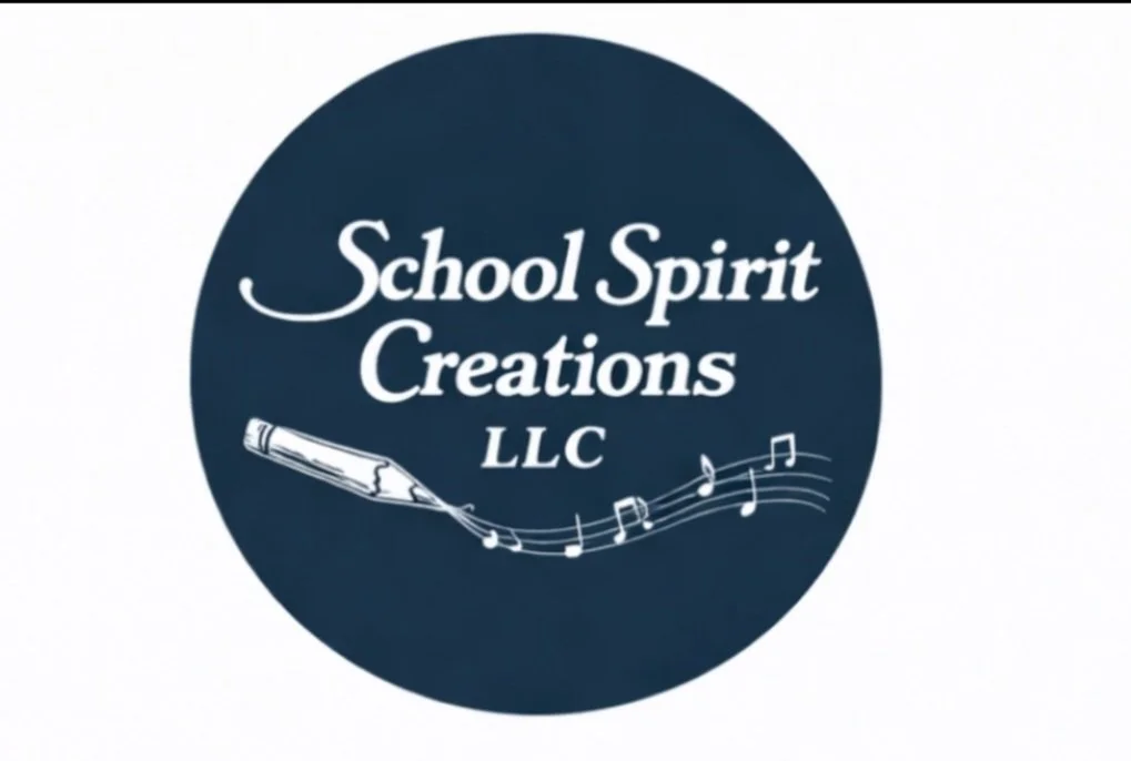 Logo for School Spirit Creations LLC featuring a dark blue circle with white text, a pencil illustration, and musical notes.
