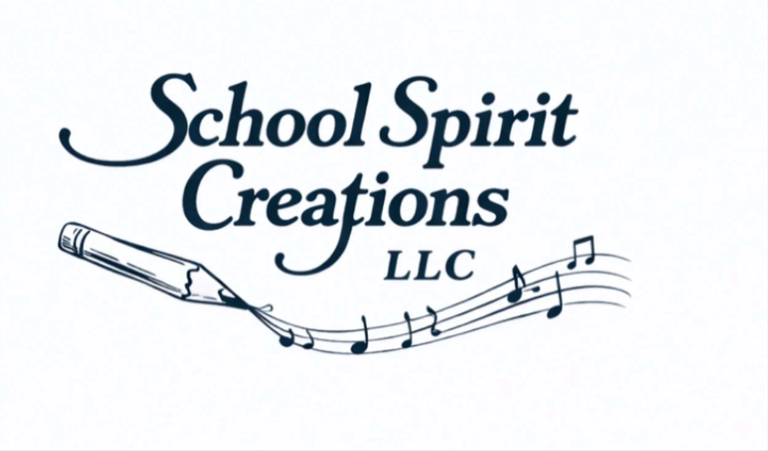 Logo for School Spirit Creations LLC featuring a musical staff with notes and a hand-drawn pen, with the company name in stylized text.