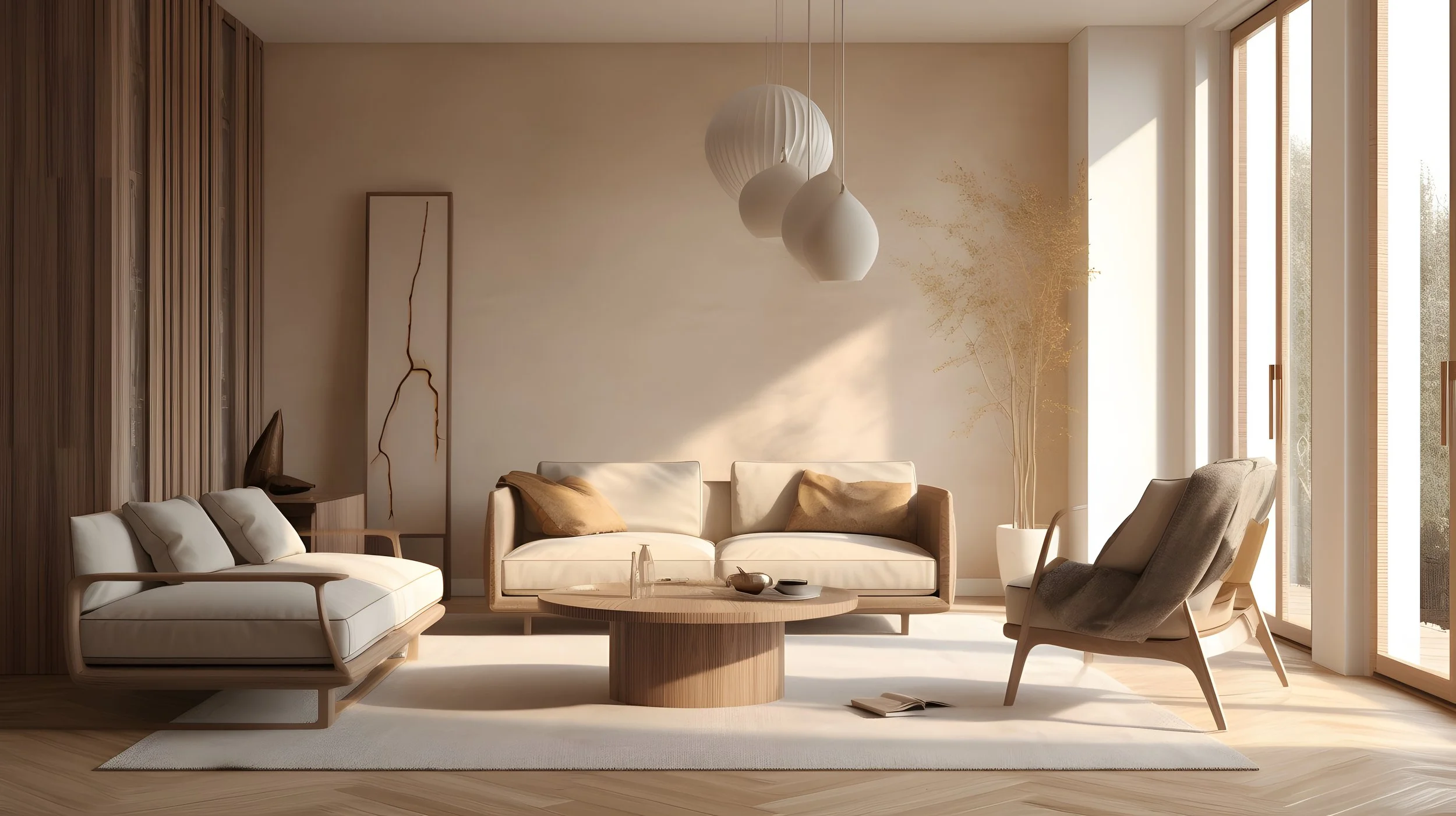 Modern living room with beige sofas, armchair, wooden coffee table, pendant lights, artwork, large windows letting in natural light, and minimalistic decor.