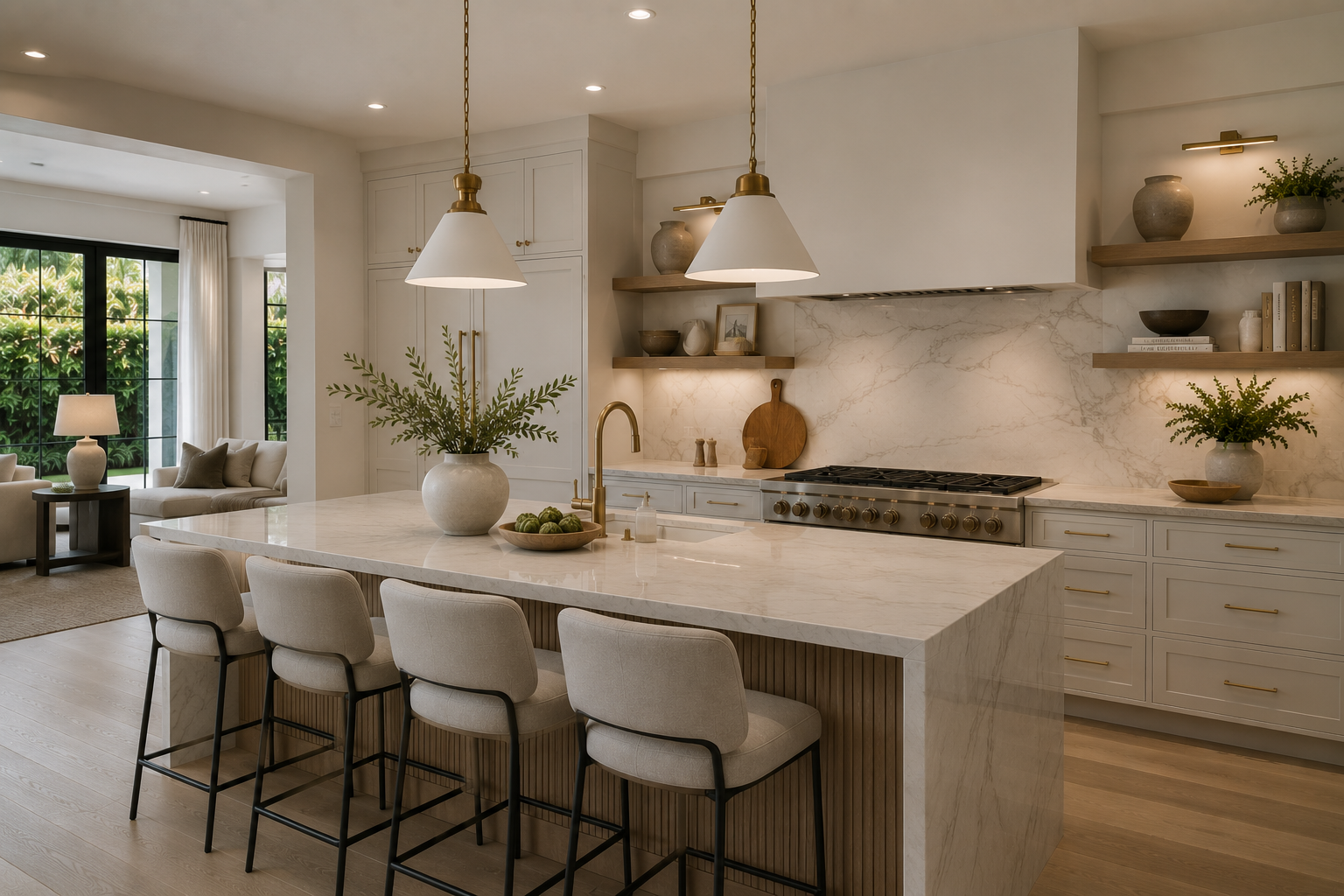 Modern kitchen with white marble island, beige chairs, and open shelving with decorative items