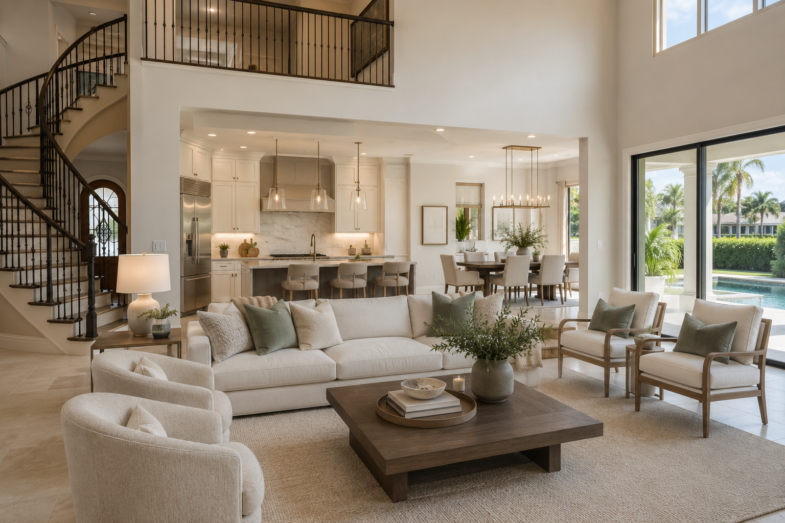 Open-concept living room with beige sofa and chairs, wooden coffee table, and sliding glass doors leading to an outdoor pool area with palm trees.